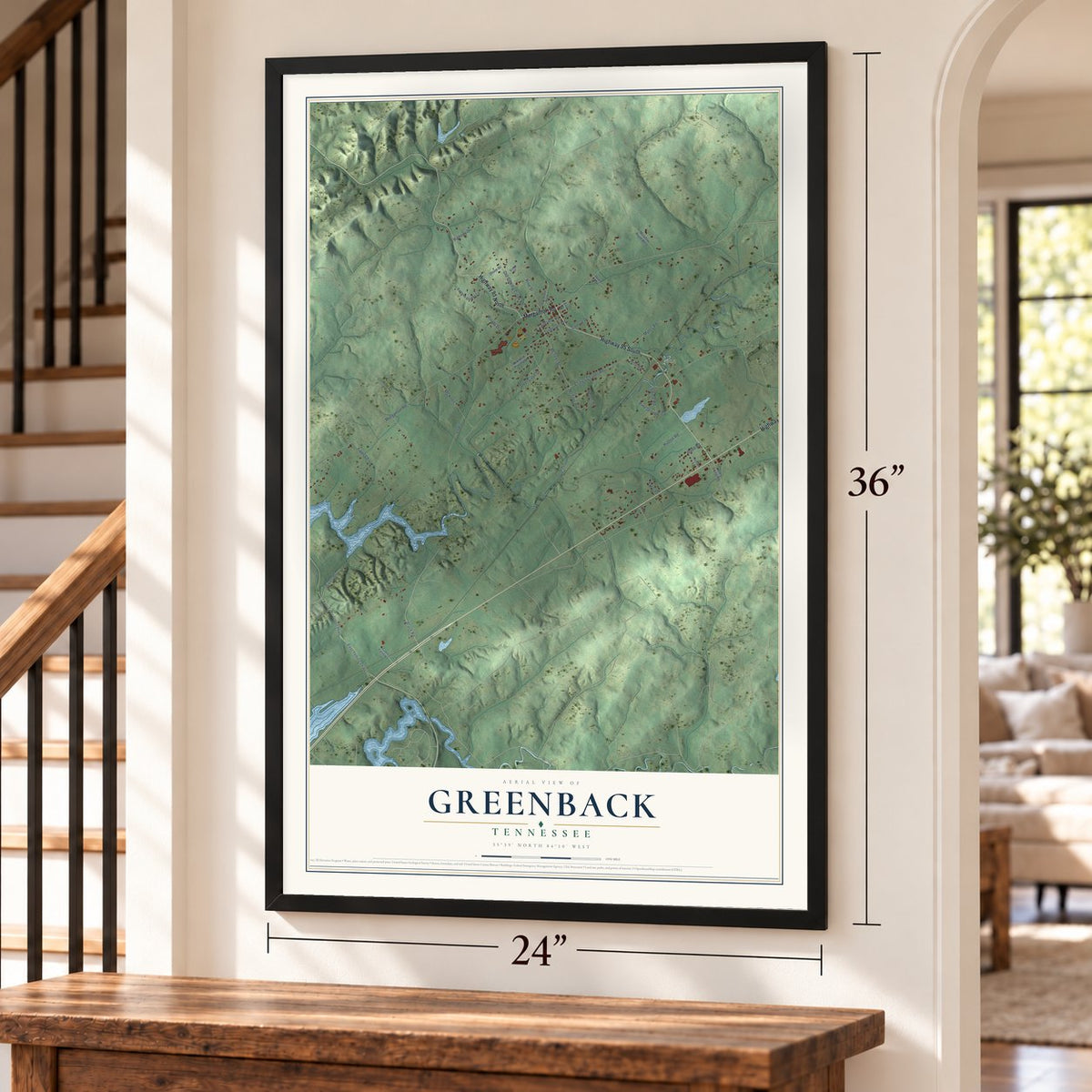 Greenback, Tennessee map, 24 x 36 inch print in a black frame by a staircase