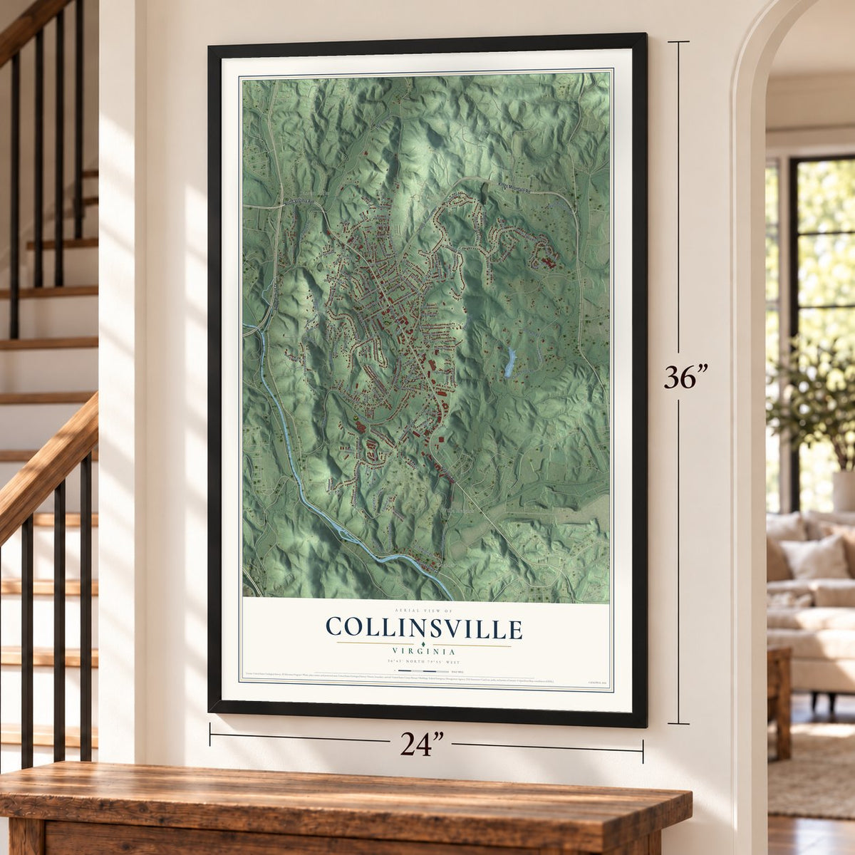 Collinsville, Virginia map, 24 x 36 inch print in a black frame by a staircase