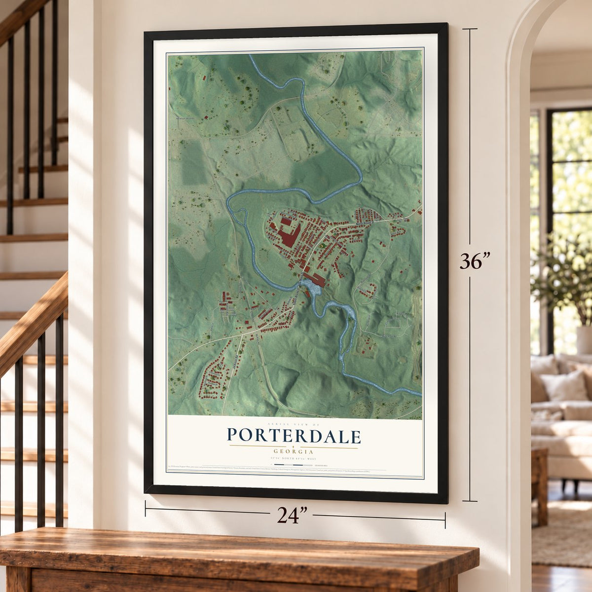 Porterdale, Georgia map, 24 x 36 inch print in a black frame by a staircase