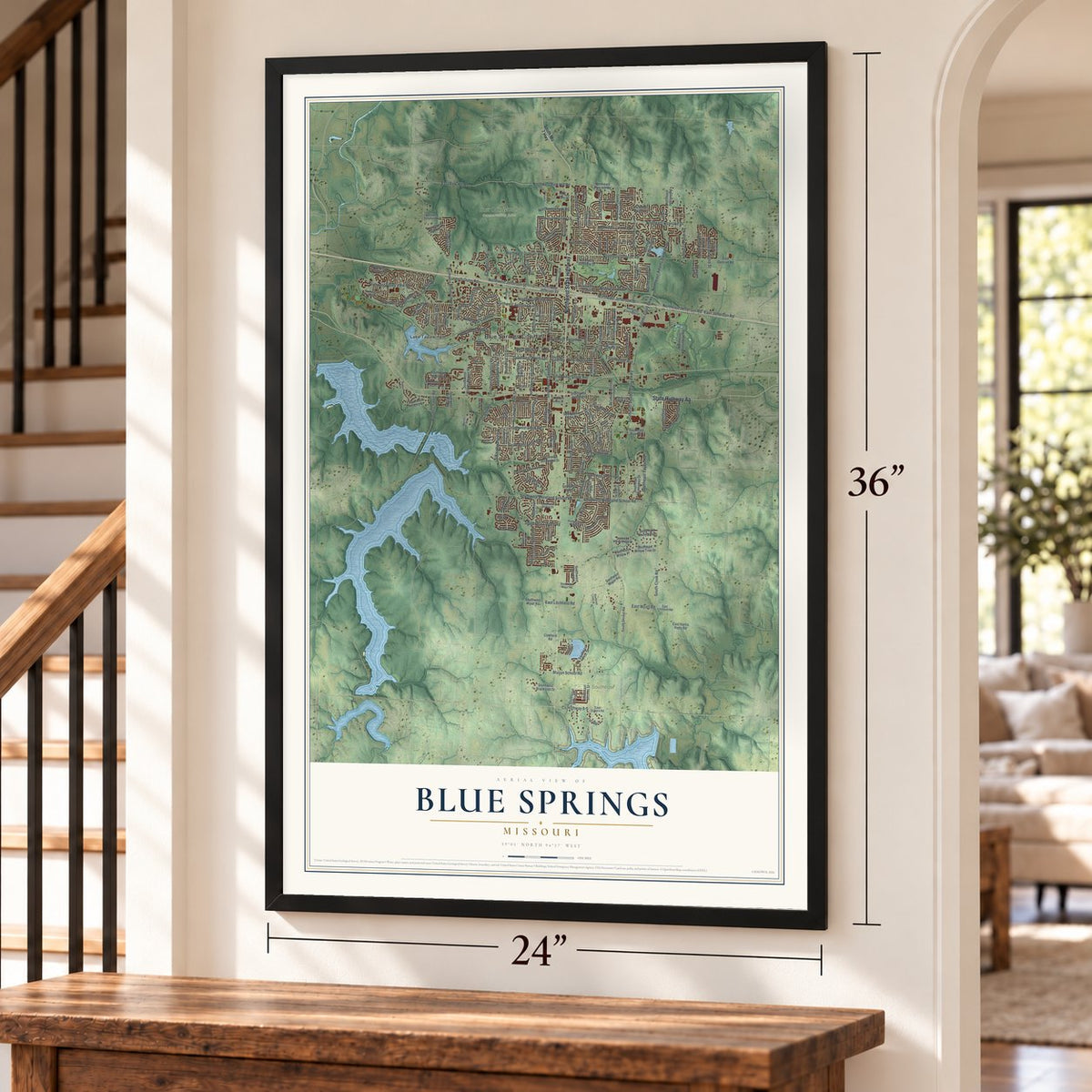 Blue Springs, Missouri map, 24 x 36 inch print in a black frame by a staircase