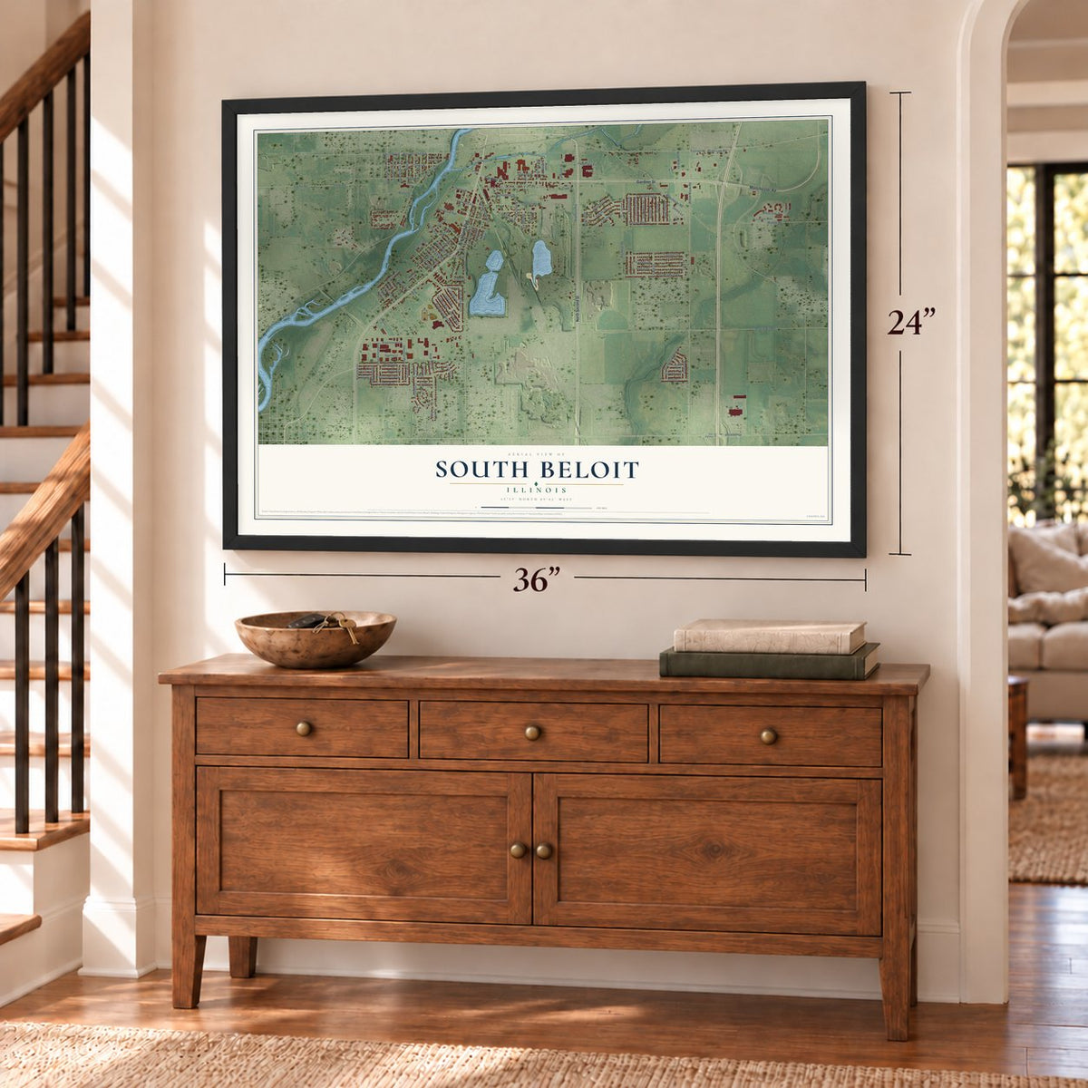 South Beloit, Illinois map, 24 x 36 inch print in a black frame above a dresser by a staircase