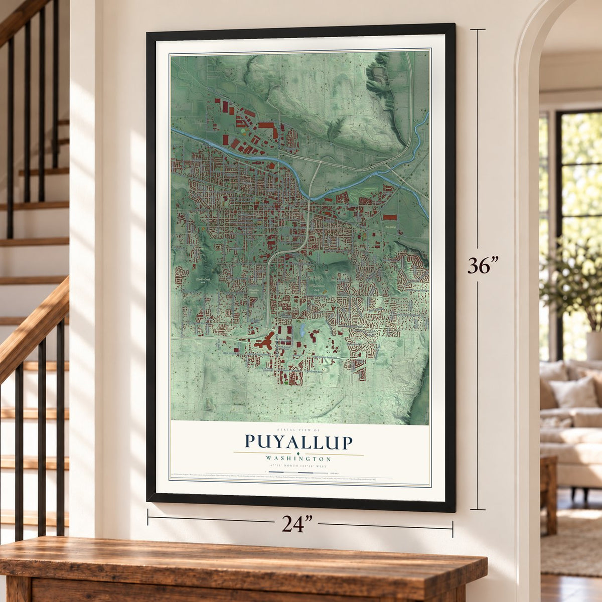 Puyallup, Washington map, 24 x 36 inch print in a black frame by a staircase
