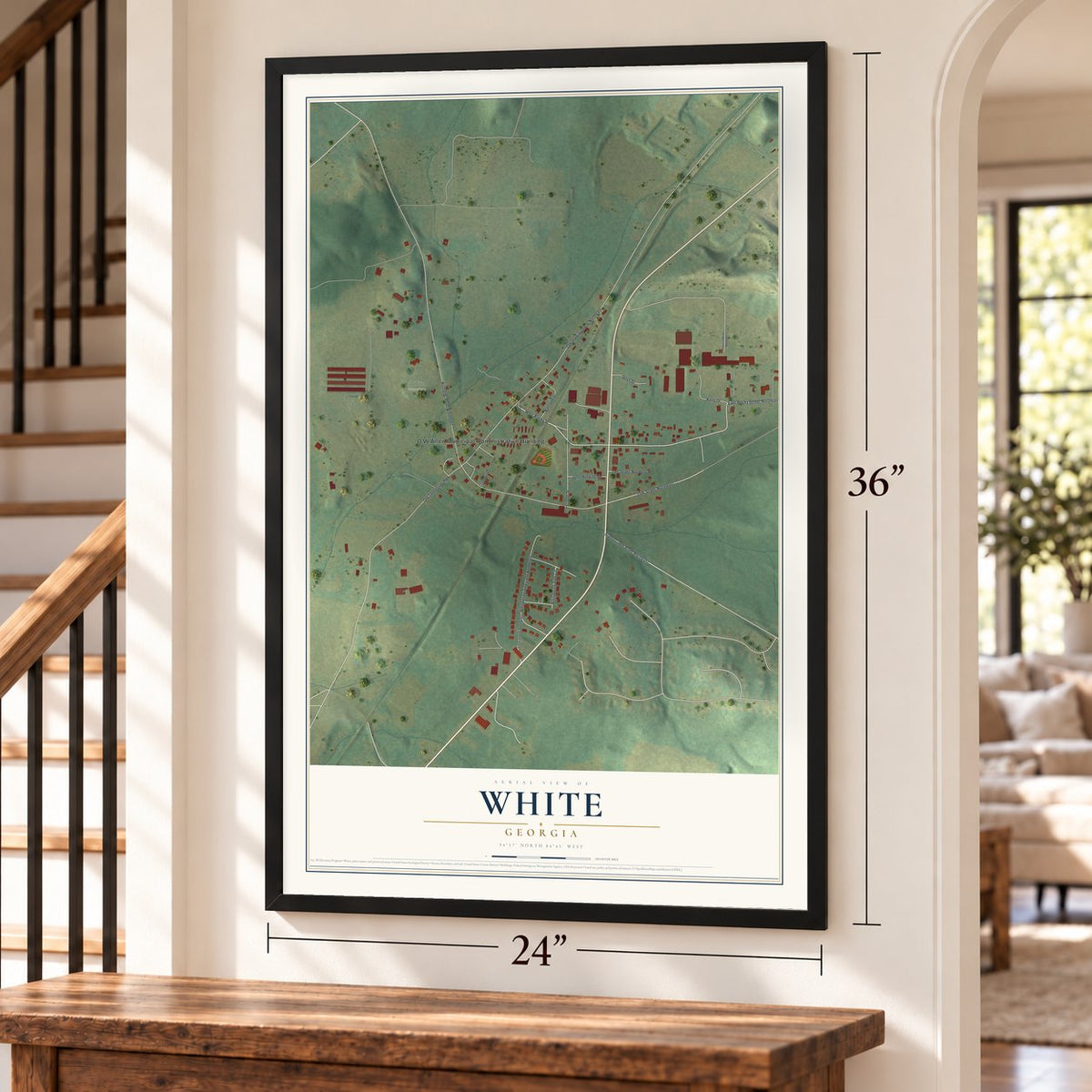 White, Georgia map, 24 x 36 inch print in a black frame by a staircase