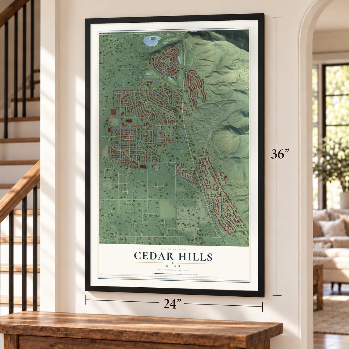 Cedar Hills, Utah map, 24 x 36 inch print in a black frame by a staircase