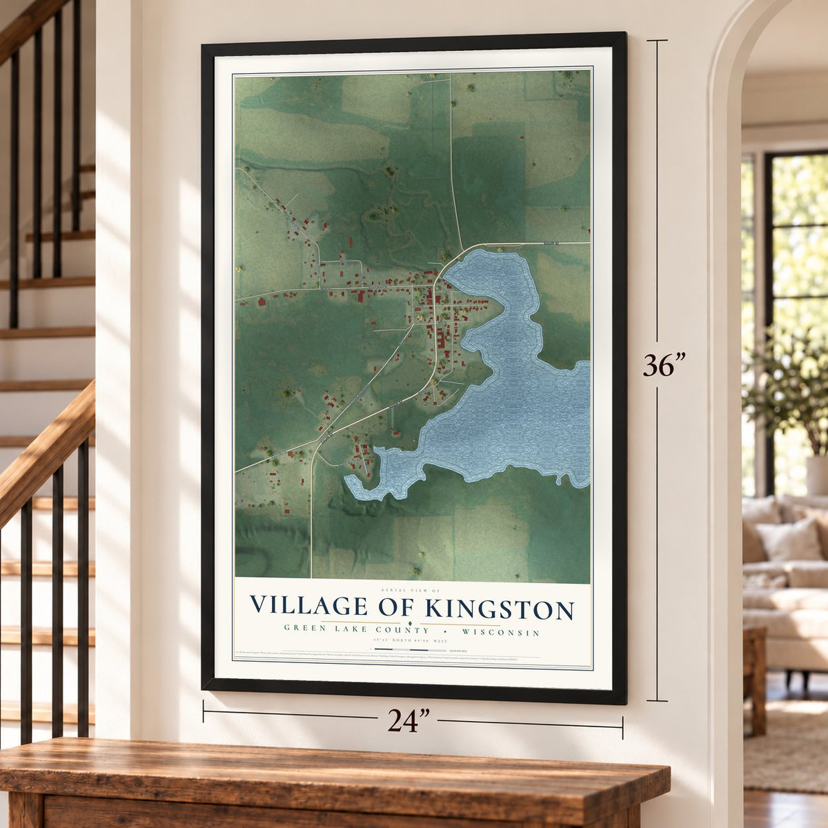 Kingston, Wisconsin map, 24 x 36 inch print in a black frame by a staircase