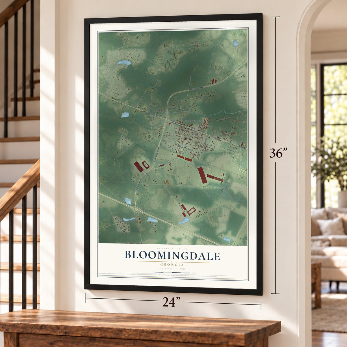 Bloomingdale, Georgia map, 24 x 36 inch print in a black frame by a staircase