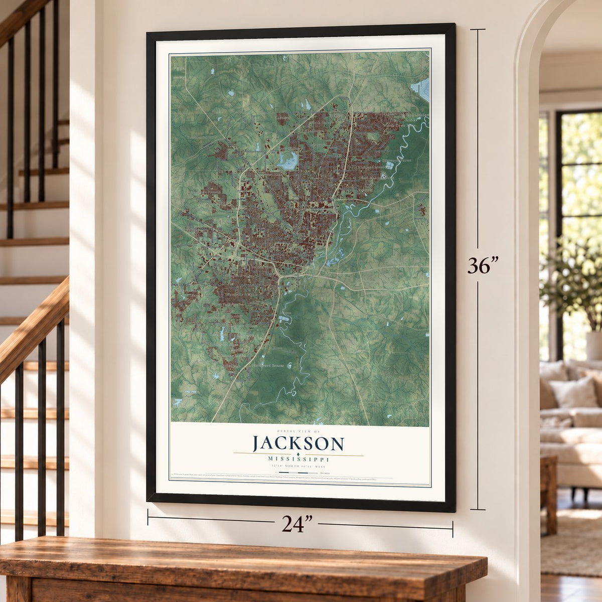Jackson, Mississippi map, 24 x 36 inch print in a black frame by a staircase