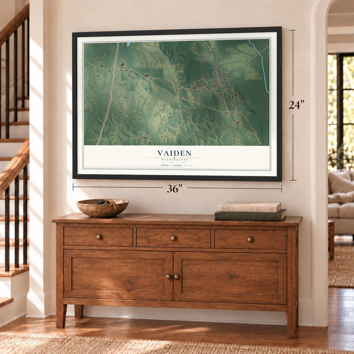 Vaiden, Mississippi map, 24 x 36 inch print in a black frame above a dresser by a staircase