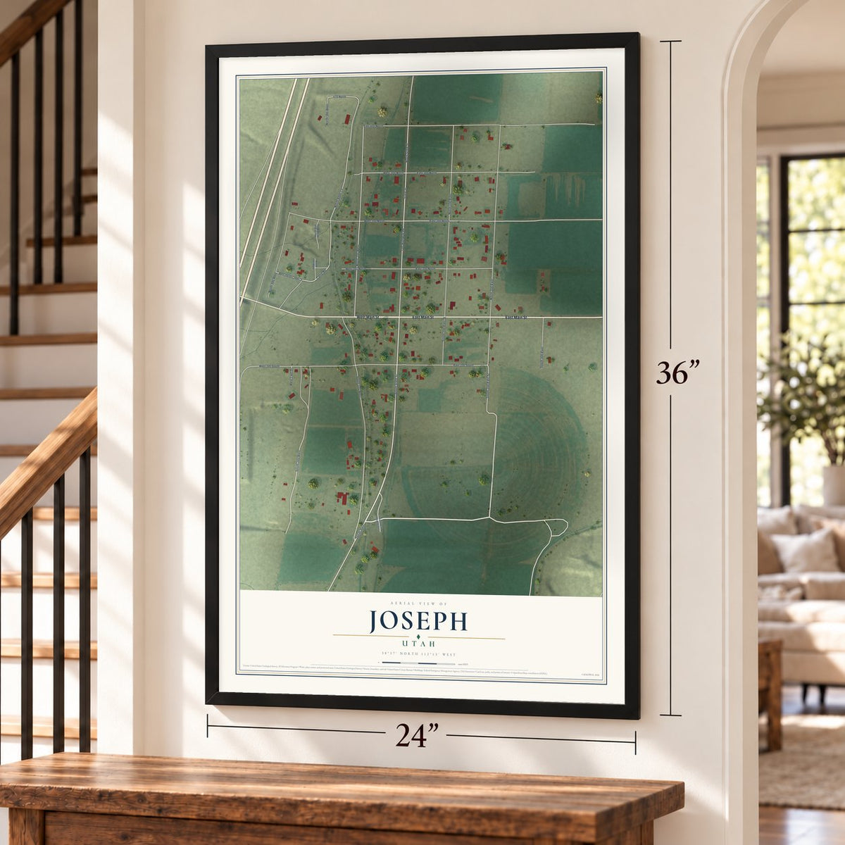 Joseph, Utah map, 24 x 36 inch print in a black frame by a staircase