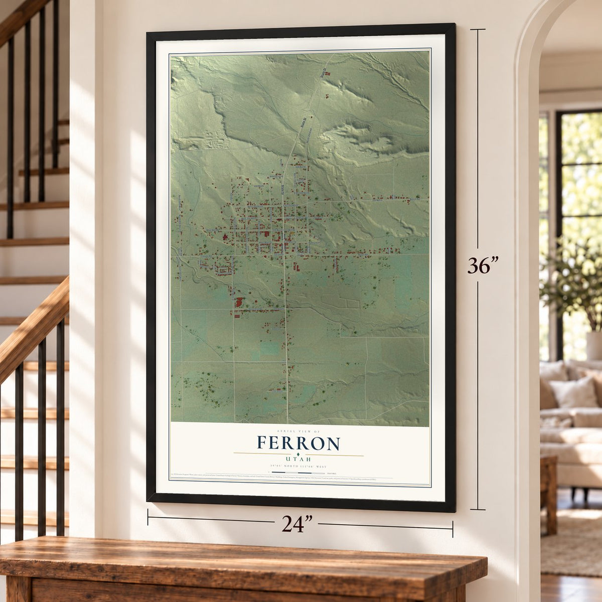 Ferron, Utah map, 24 x 36 inch print in a black frame by a staircase