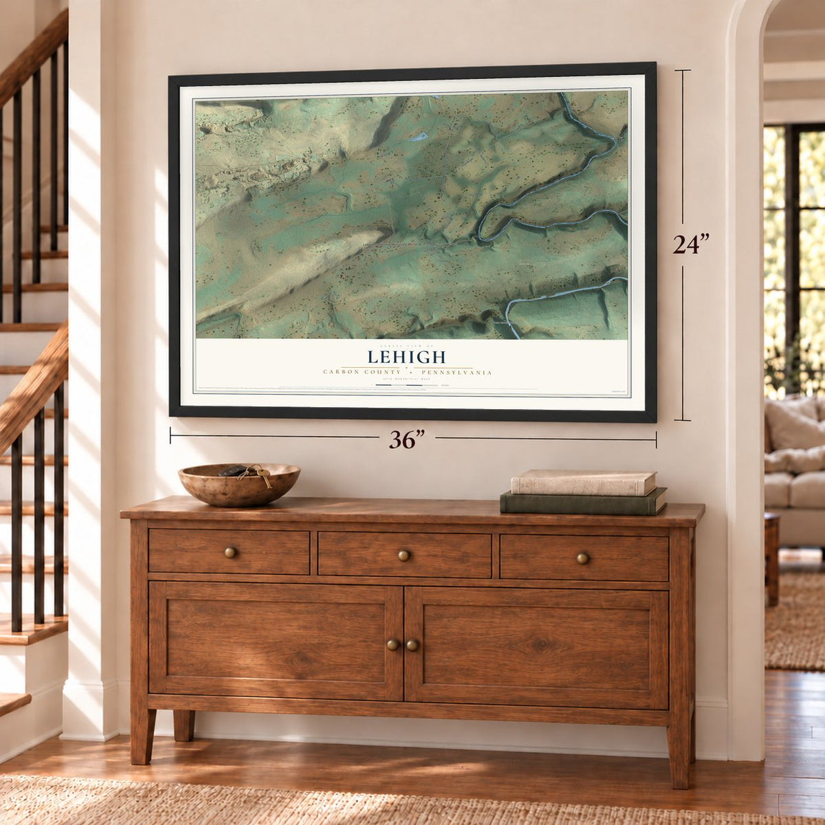 Lehigh, Carbon County, Pennsylvania map, 24 x 36 inch print in a black frame above a dresser by a staircase
