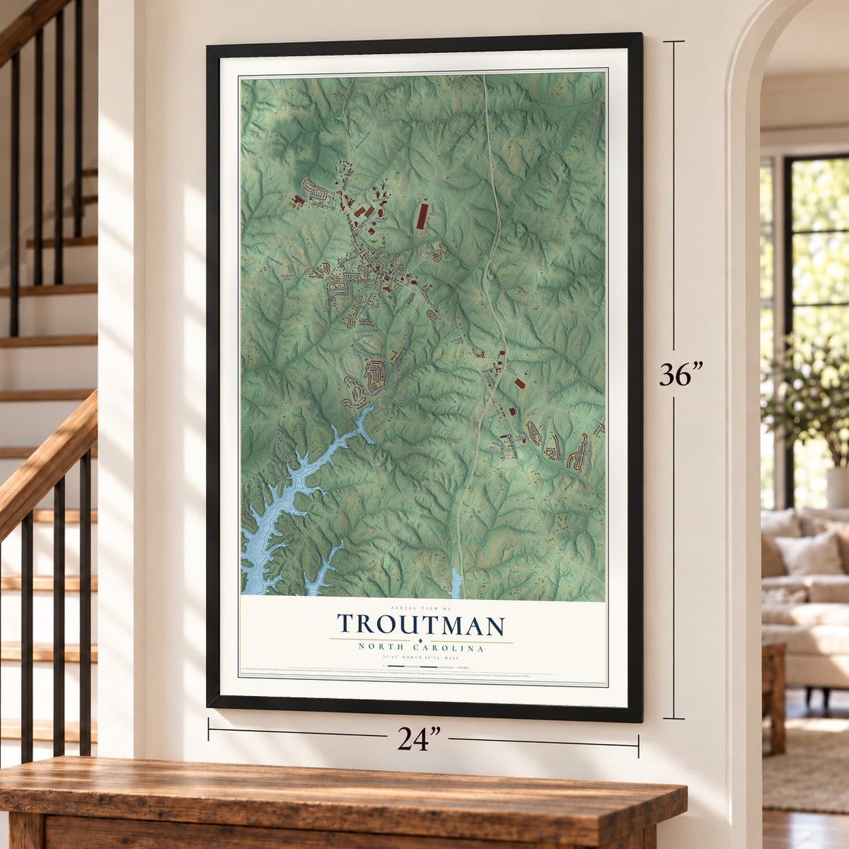 Troutman, North Carolina map, 24 x 36 inch print in a black frame by a staircase