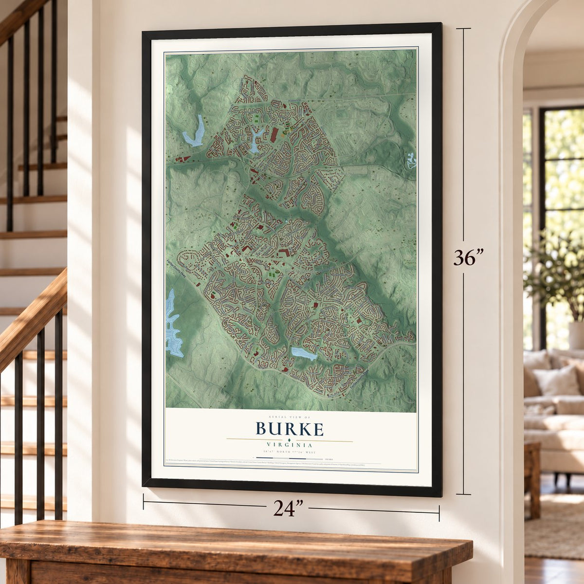 Burke, Virginia map, 24 x 36 inch print in a black frame by a staircase