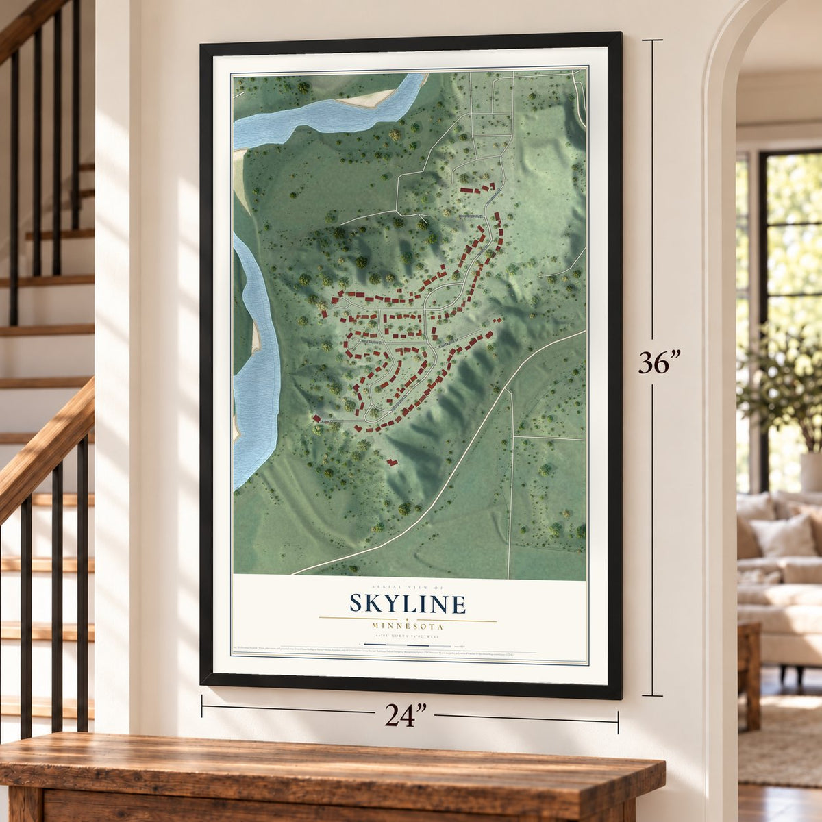 Skyline, Minnesota map, 24 x 36 inch print in a black frame by a staircase
