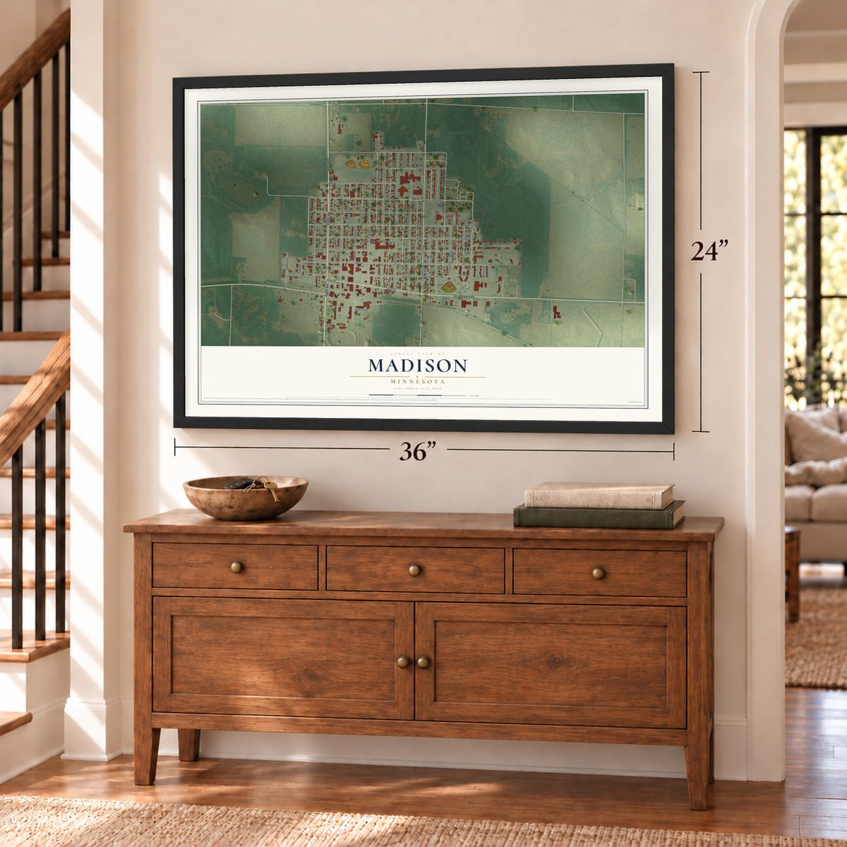 Madison, Minnesota map, 24 x 36 inch print in a black frame above a dresser by a staircase