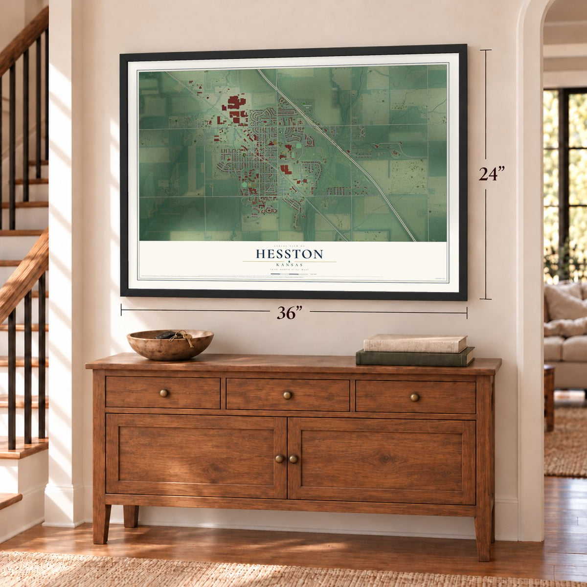 Hesston, Kansas map, 24 x 36 inch print in a black frame above a dresser by a staircase