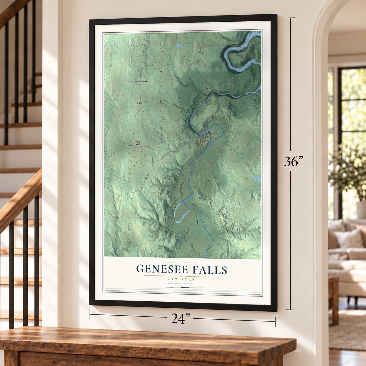 Genesee Falls, New York map, 24 x 36 inch print in a black frame by a staircase