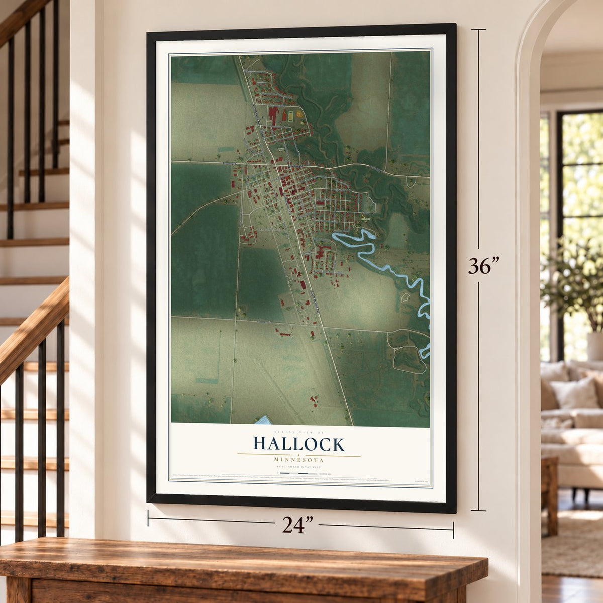 Hallock, Minnesota map, 24 x 36 inch print in a black frame by a staircase