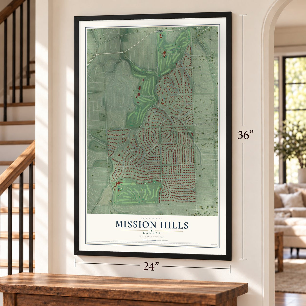 Mission Hills, Kansas map, 24 x 36 inch print in a black frame by a staircase