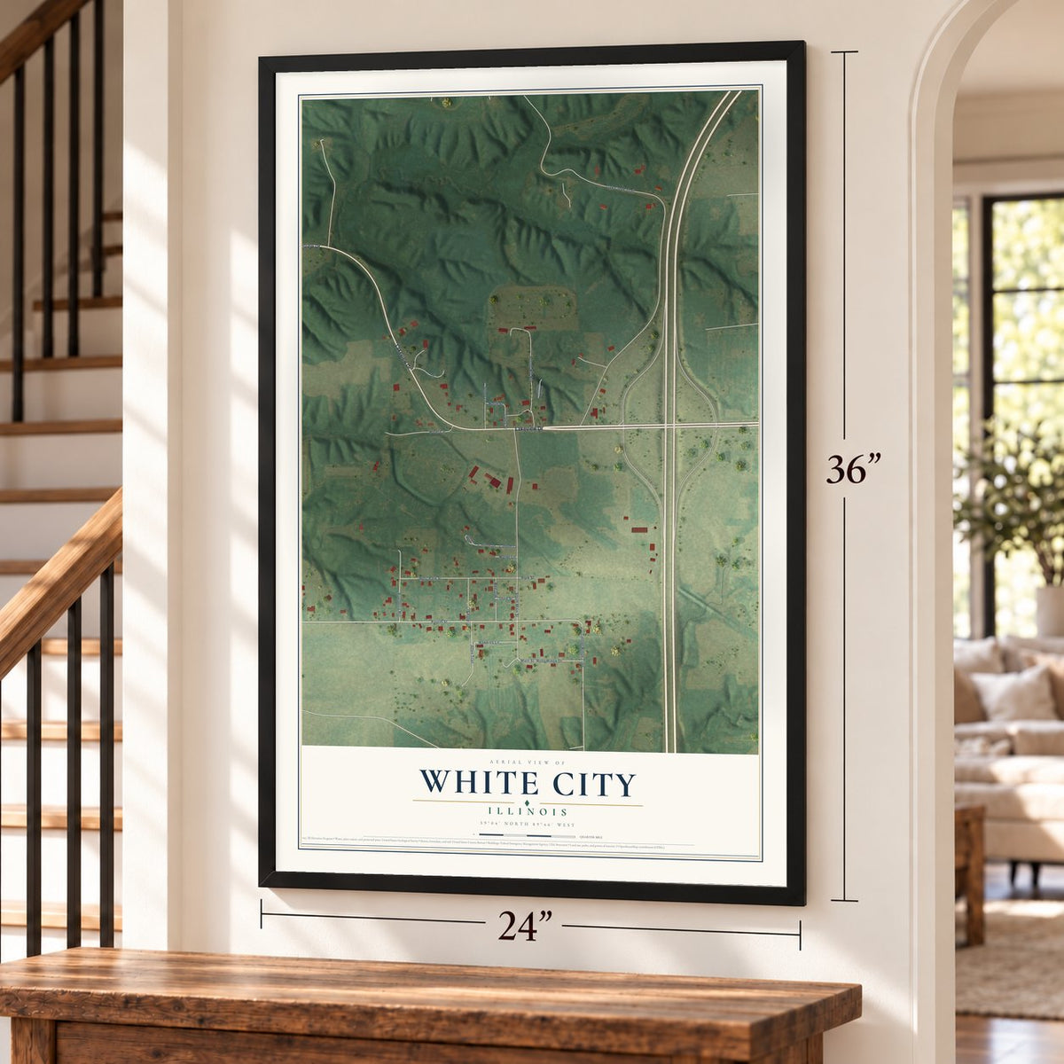 White City, Illinois map, 24 x 36 inch print in a black frame by a staircase
