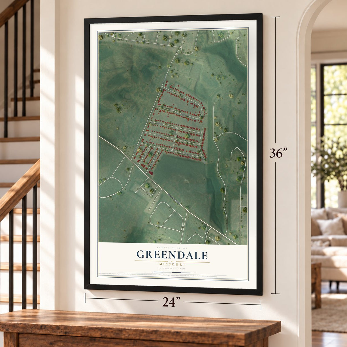 Greendale, Missouri map, 24 x 36 inch print in a black frame by a staircase
