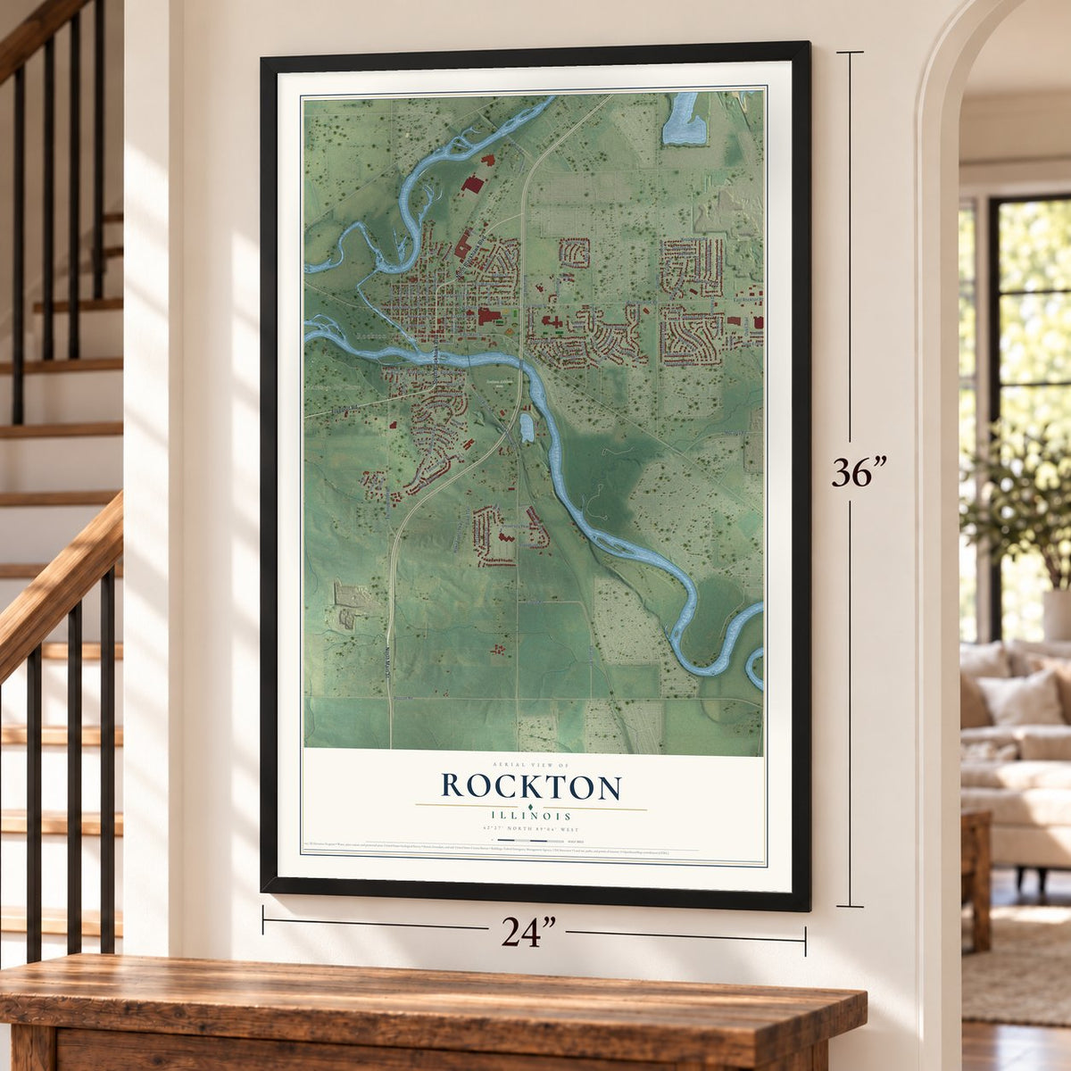 Rockton, Illinois map, 24 x 36 inch print in a black frame by a staircase