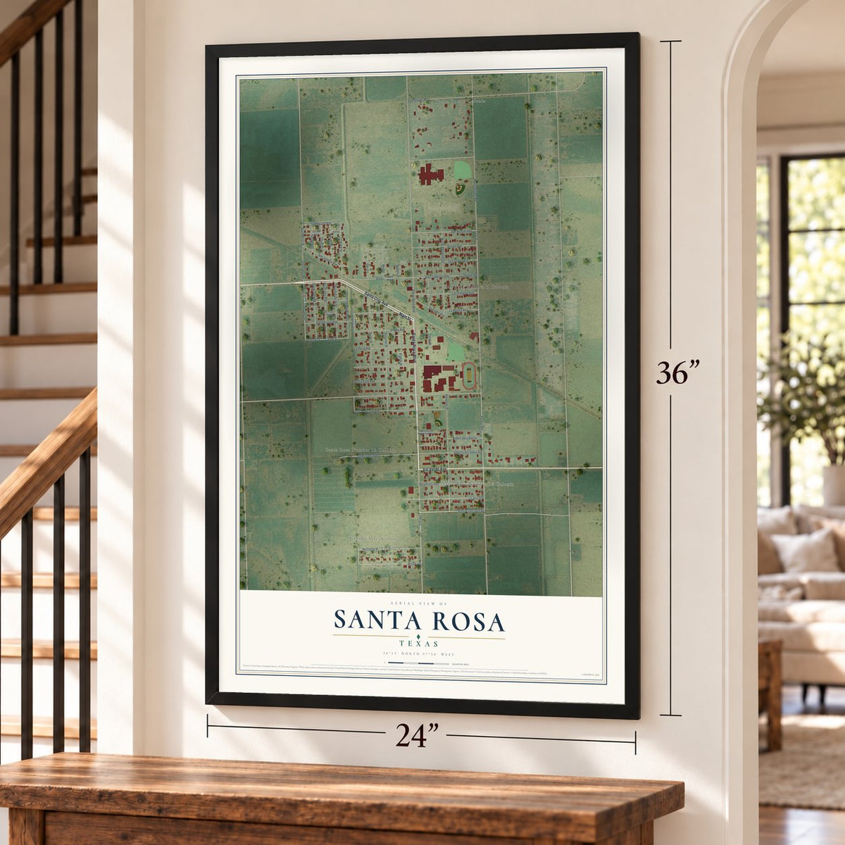 Santa Rosa, Texas map, 24 x 36 inch print in a black frame by a staircase