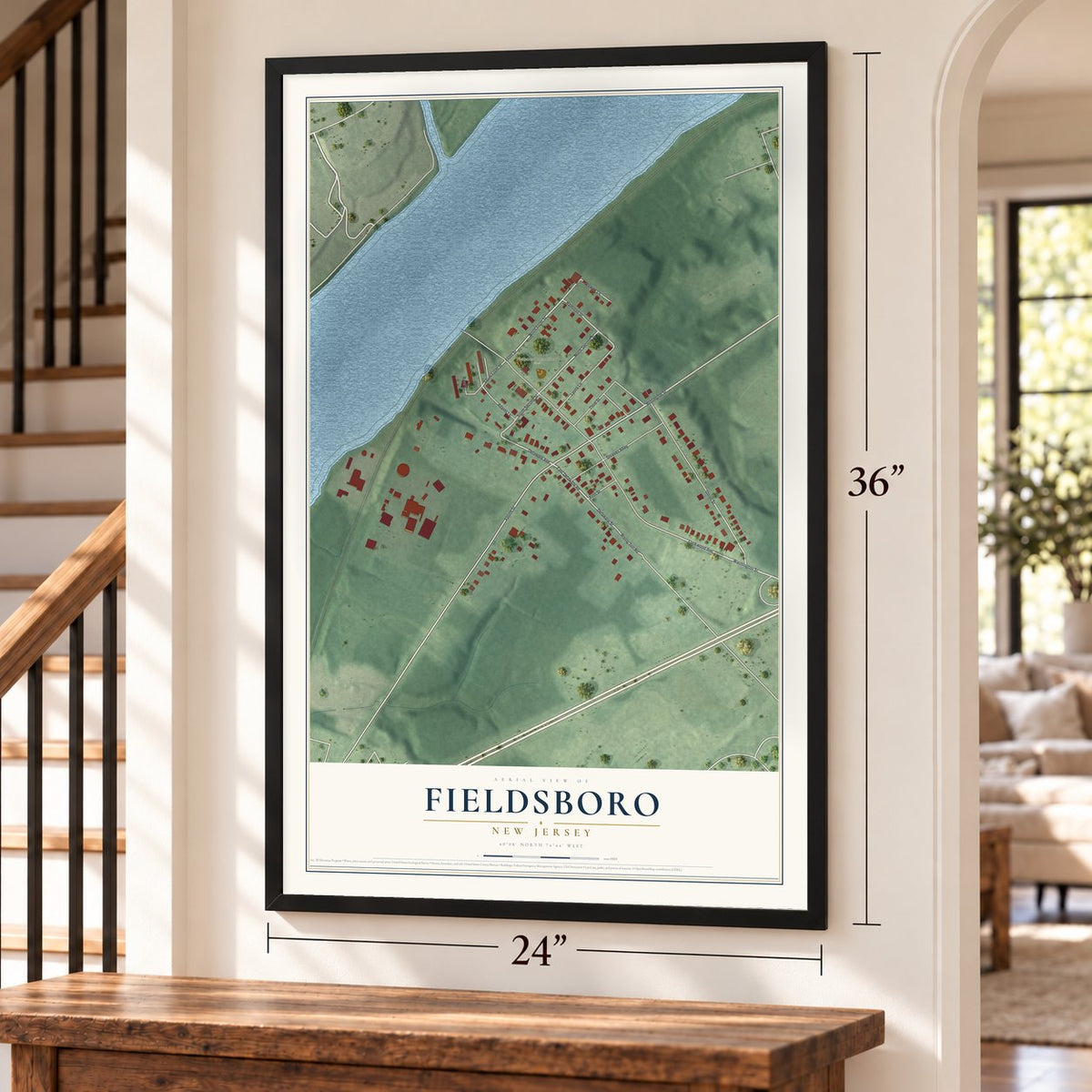Fieldsboro, New Jersey map, 24 x 36 inch print in a black frame by a staircase