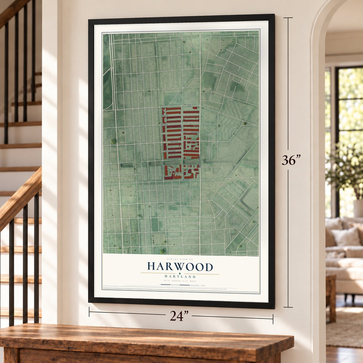 Harwood, Maryland map, 24 x 36 inch print in a black frame by a staircase