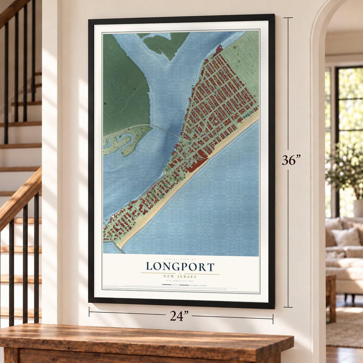 Longport, New Jersey map, 24 x 36 inch print in a black frame by a staircase
