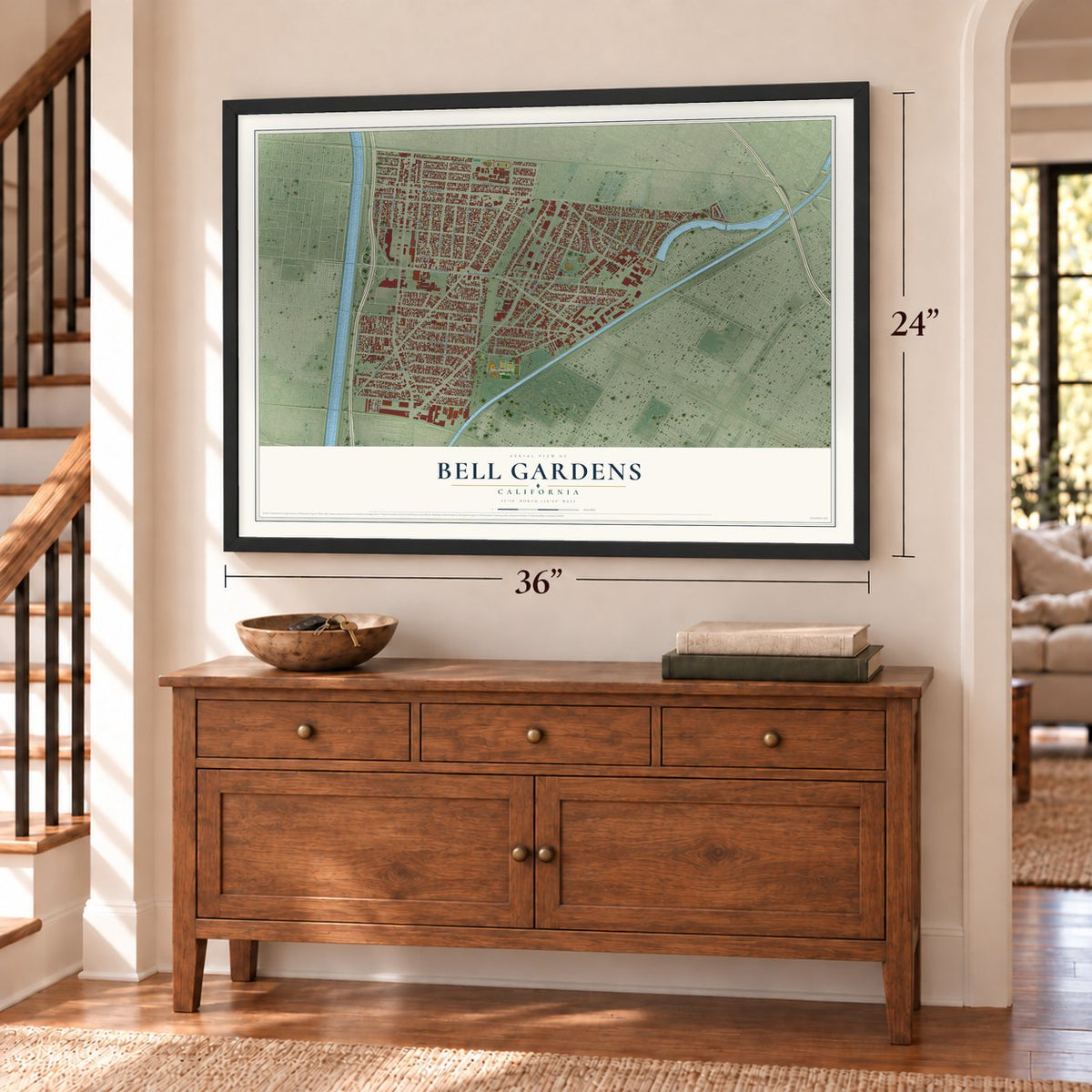 Bell Gardens, California map, 24 x 36 inch print in a black frame above a dresser by a staircase
