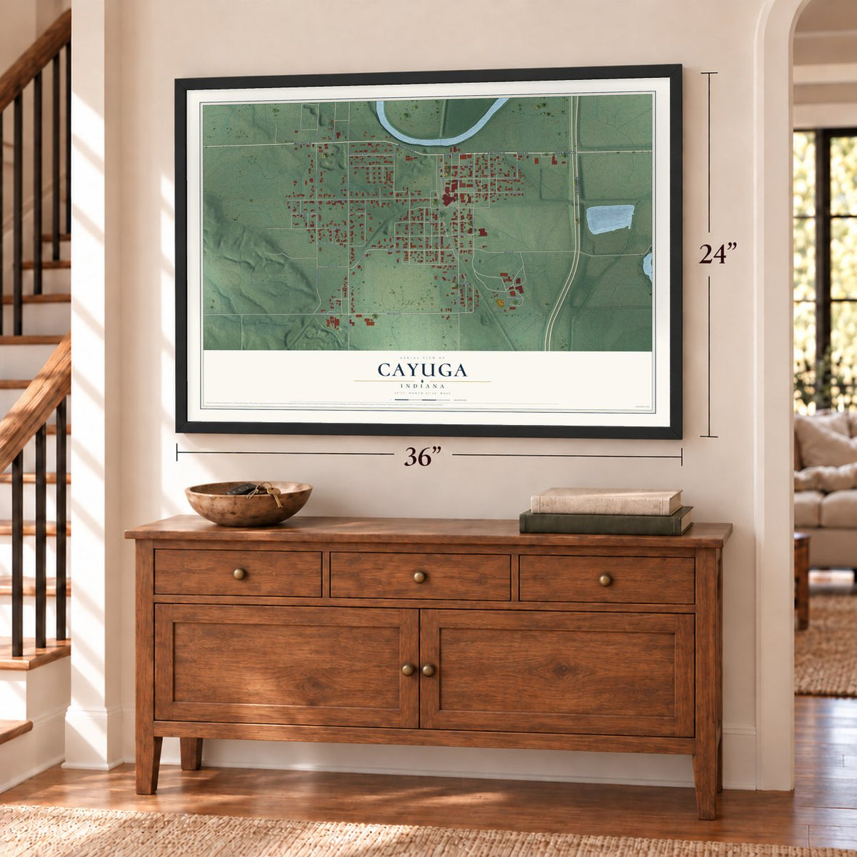 Cayuga, Indiana map, 24 x 36 inch print in a black frame above a dresser by a staircase