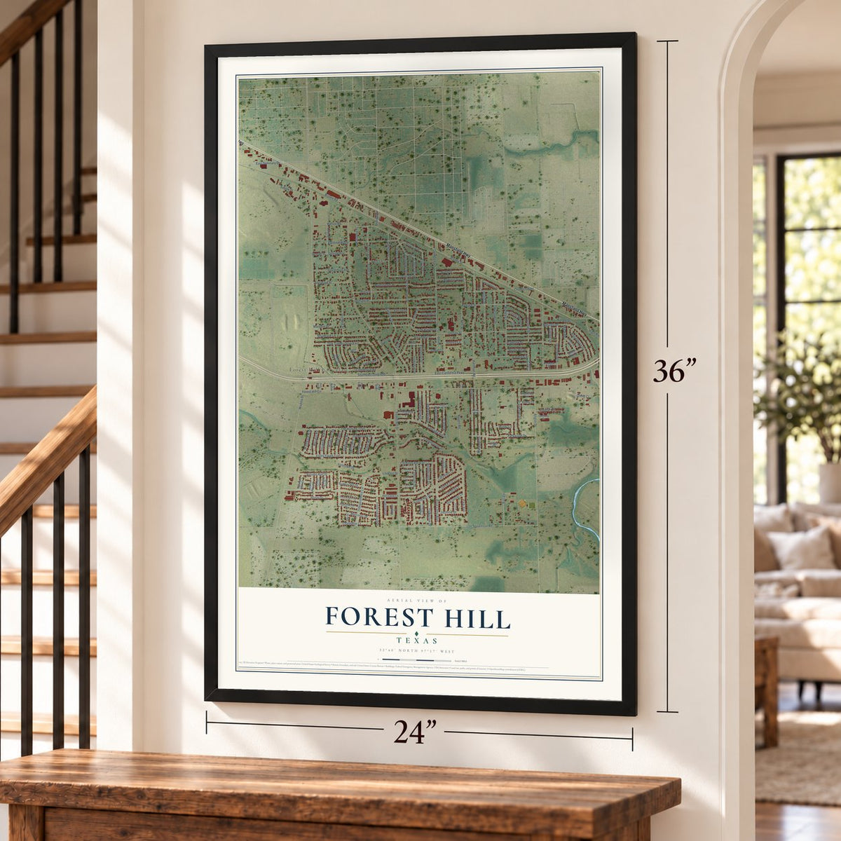 Forest Hill, Texas map, 24 x 36 inch print in a black frame by a staircase