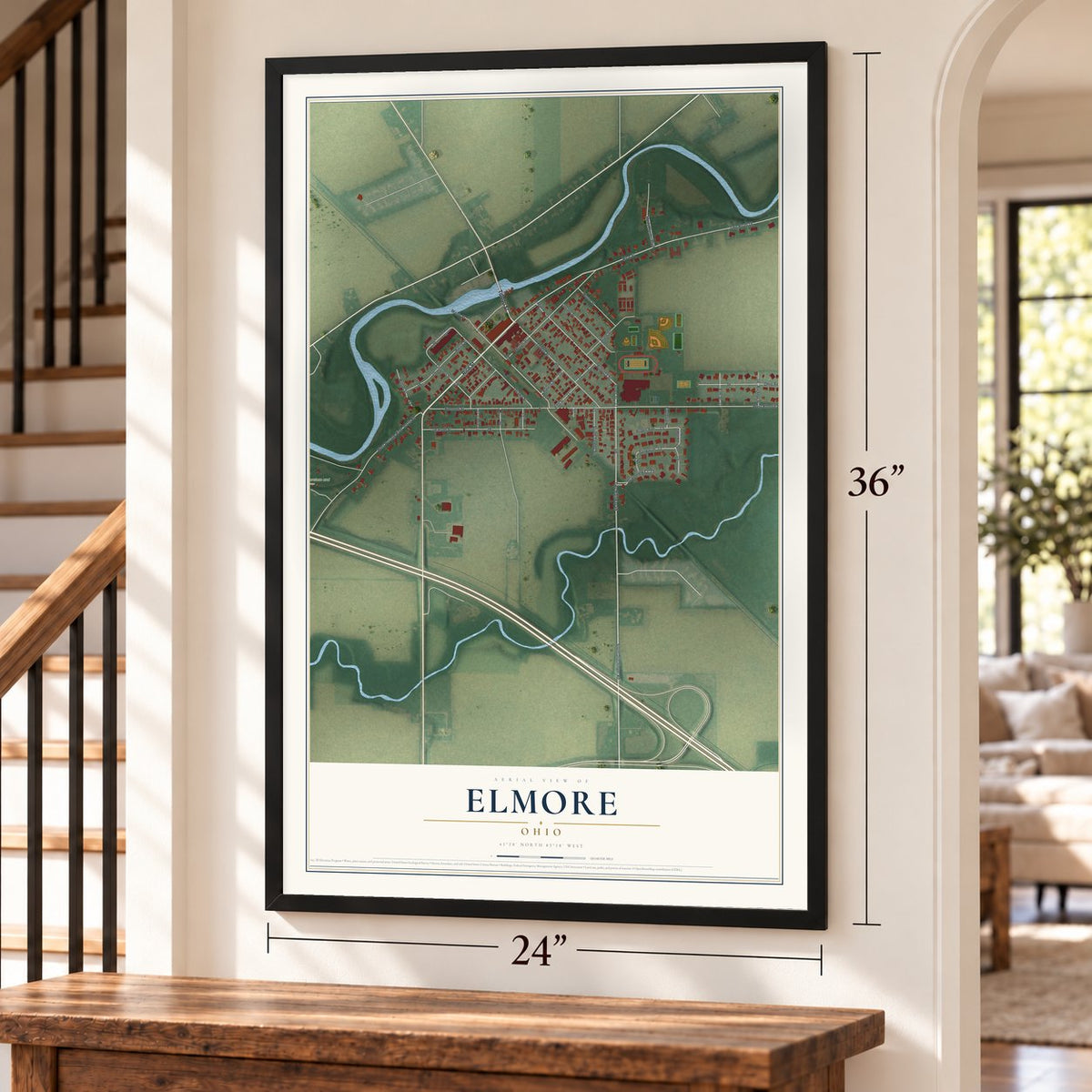 Elmore, Ohio map, 24 x 36 inch print in a black frame by a staircase
