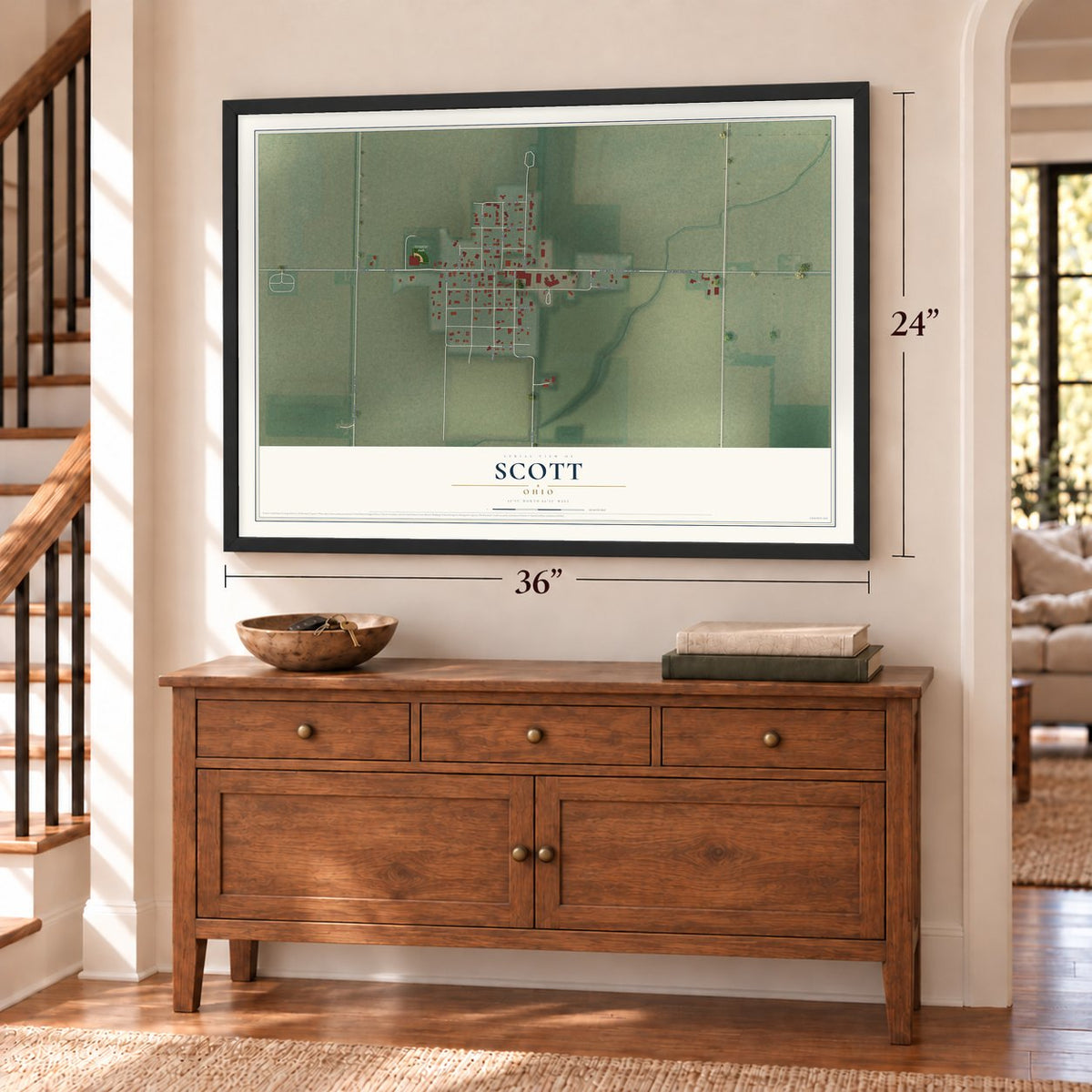 Scott, Ohio map, 24 x 36 inch print in a black frame above a dresser by a staircase