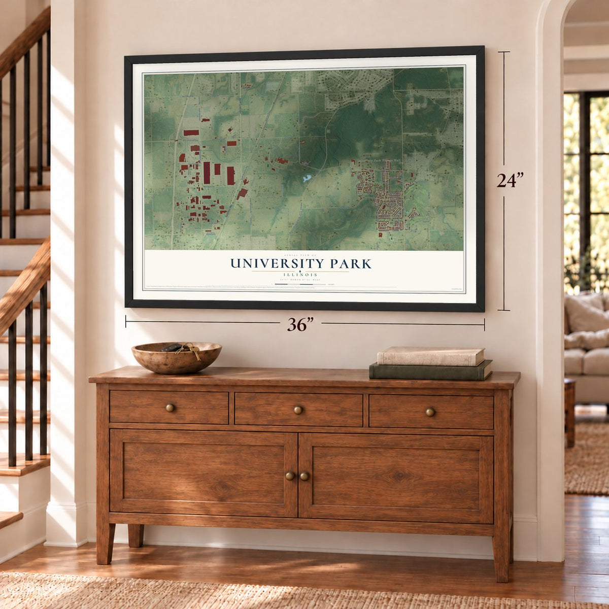 University Park, Illinois map, 24 x 36 inch print in a black frame above a dresser by a staircase