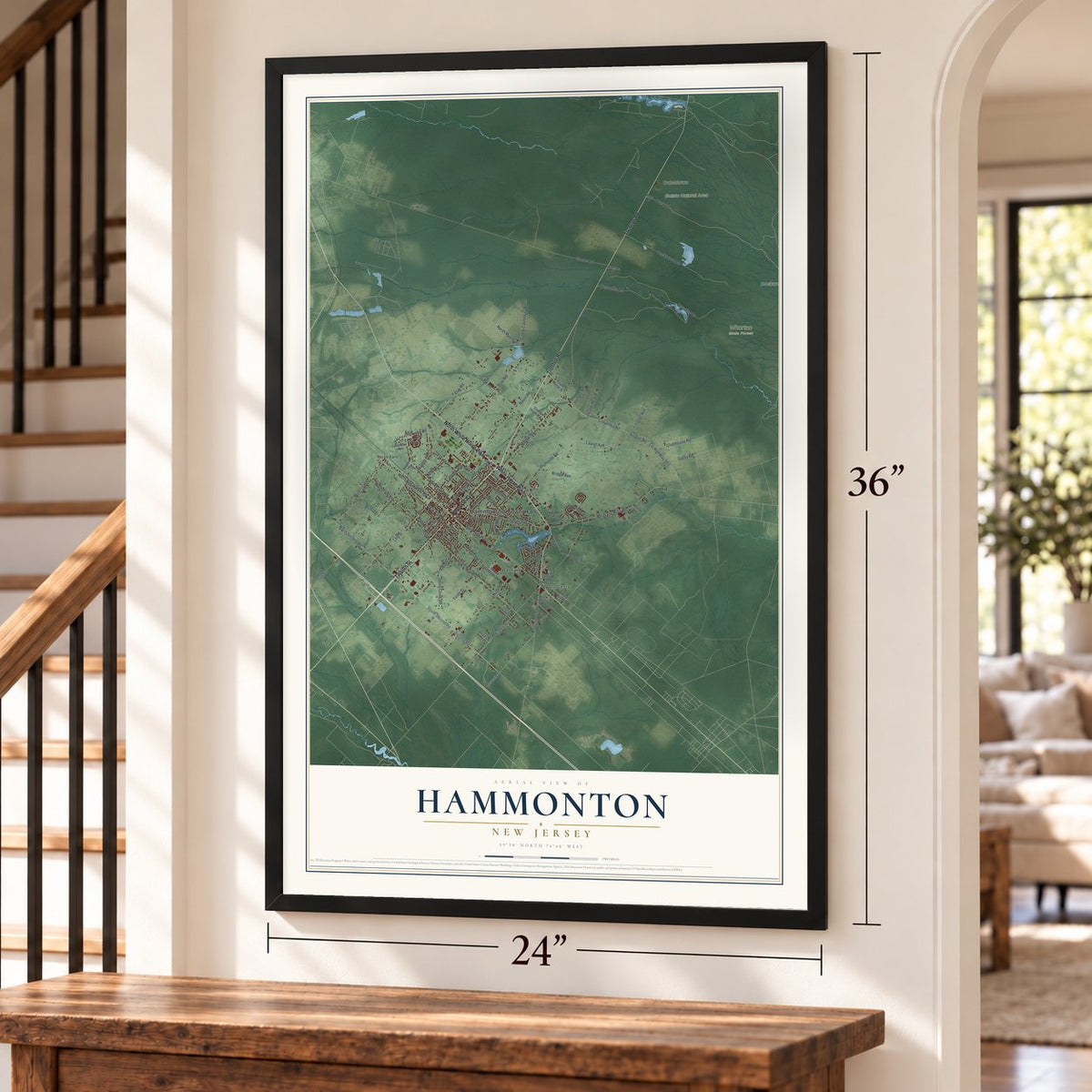 Hammonton, New Jersey map, 24 x 36 inch print in a black frame by a staircase