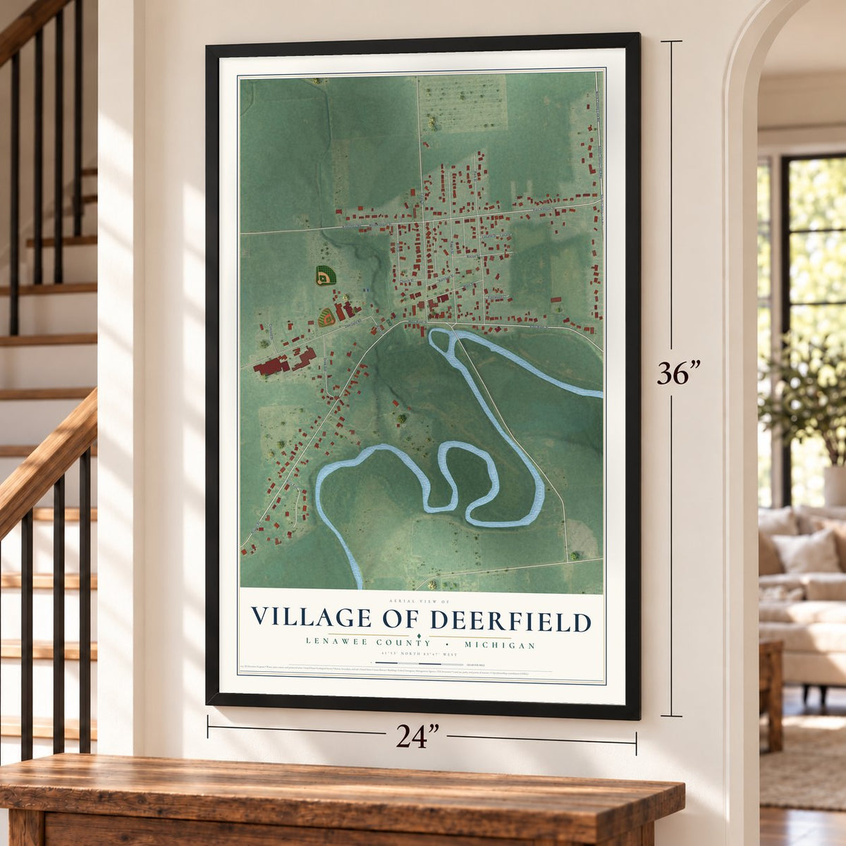 Deerfield, Michigan map, 24 x 36 inch print in a black frame by a staircase