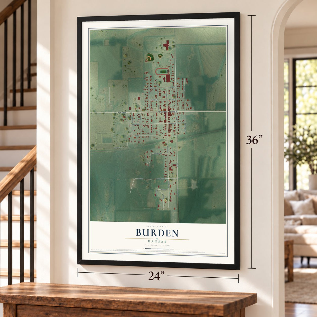 Burden, Kansas map, 24 x 36 inch print in a black frame by a staircase