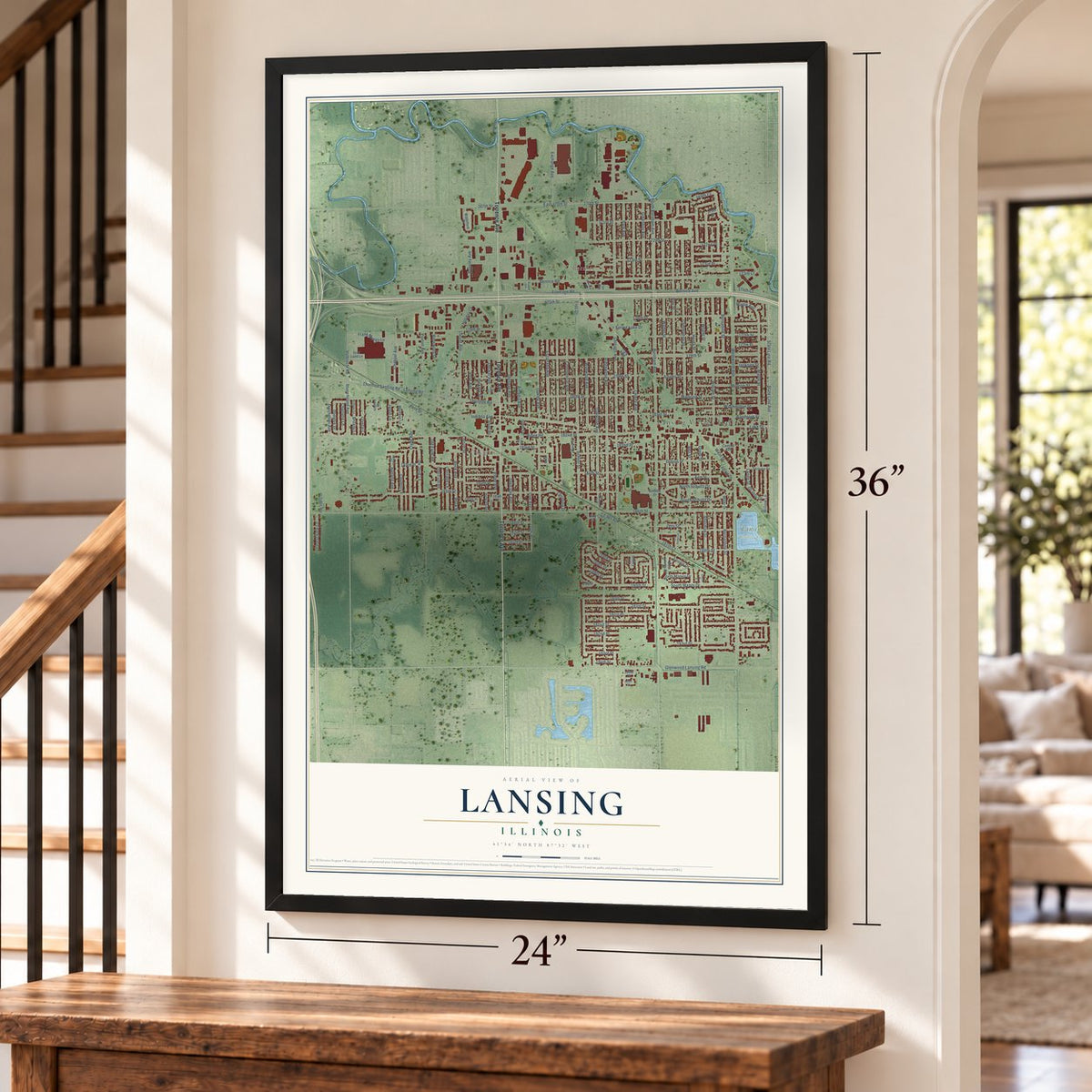 Lansing, Illinois map, 24 x 36 inch print in a black frame by a staircase
