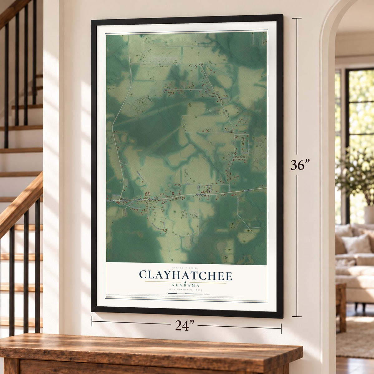 Clayhatchee, Alabama map, 24 x 36 inch print in a black frame by a staircase
