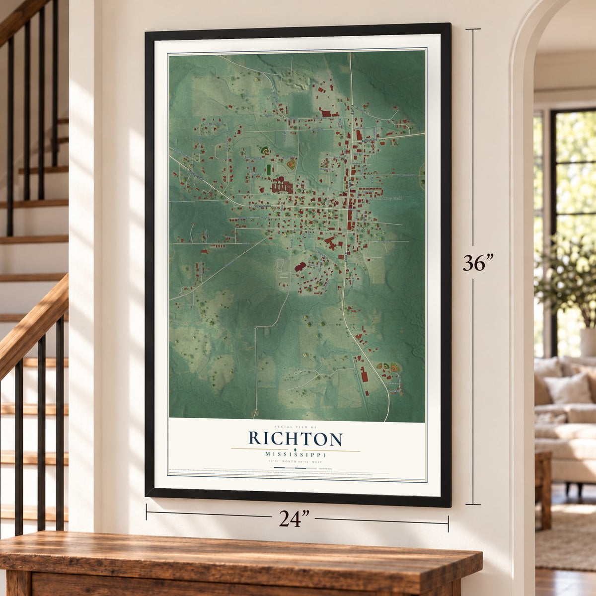 Richton, Mississippi map, 24 x 36 inch print in a black frame by a staircase