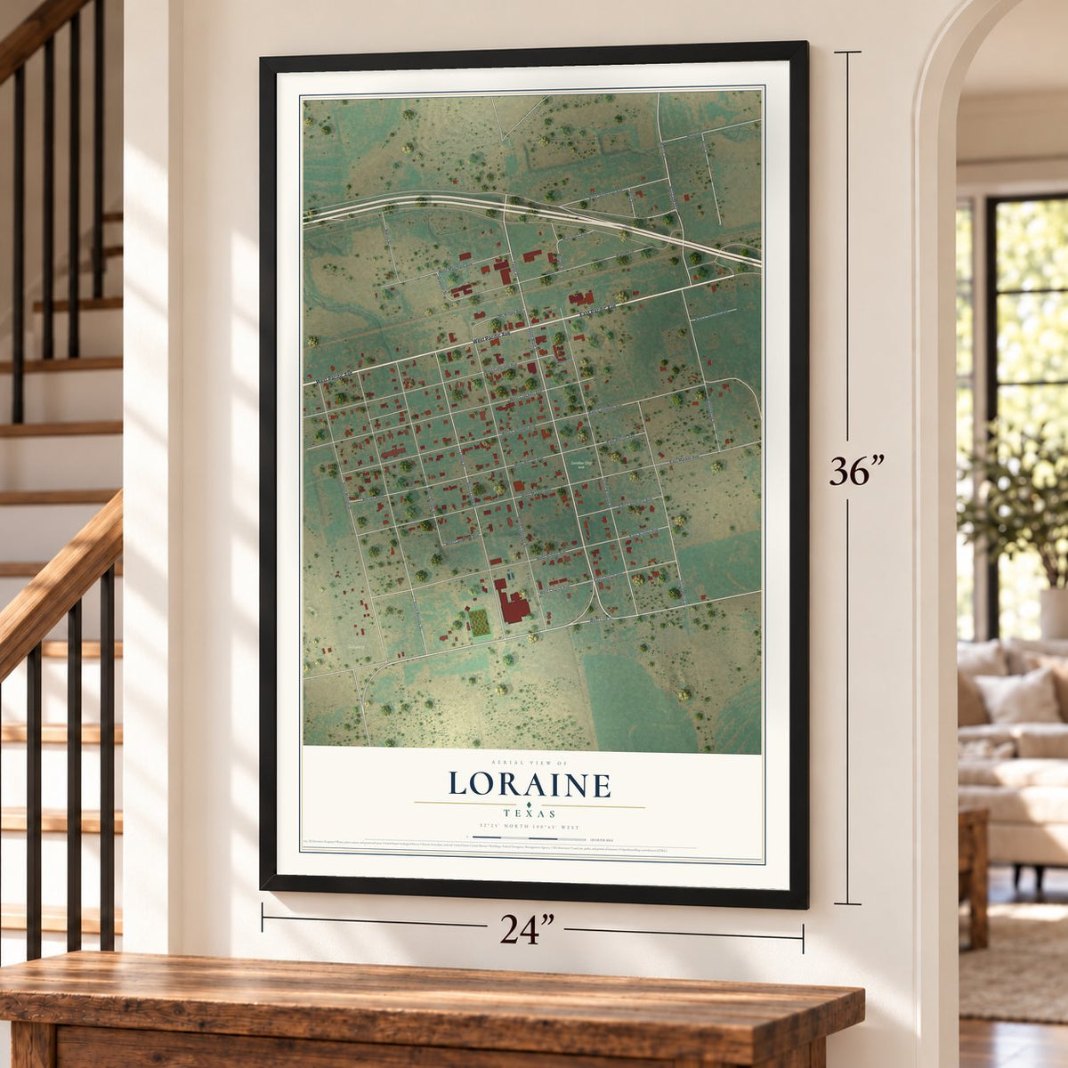 Loraine, Texas map, 24 x 36 inch print in a black frame by a staircase
