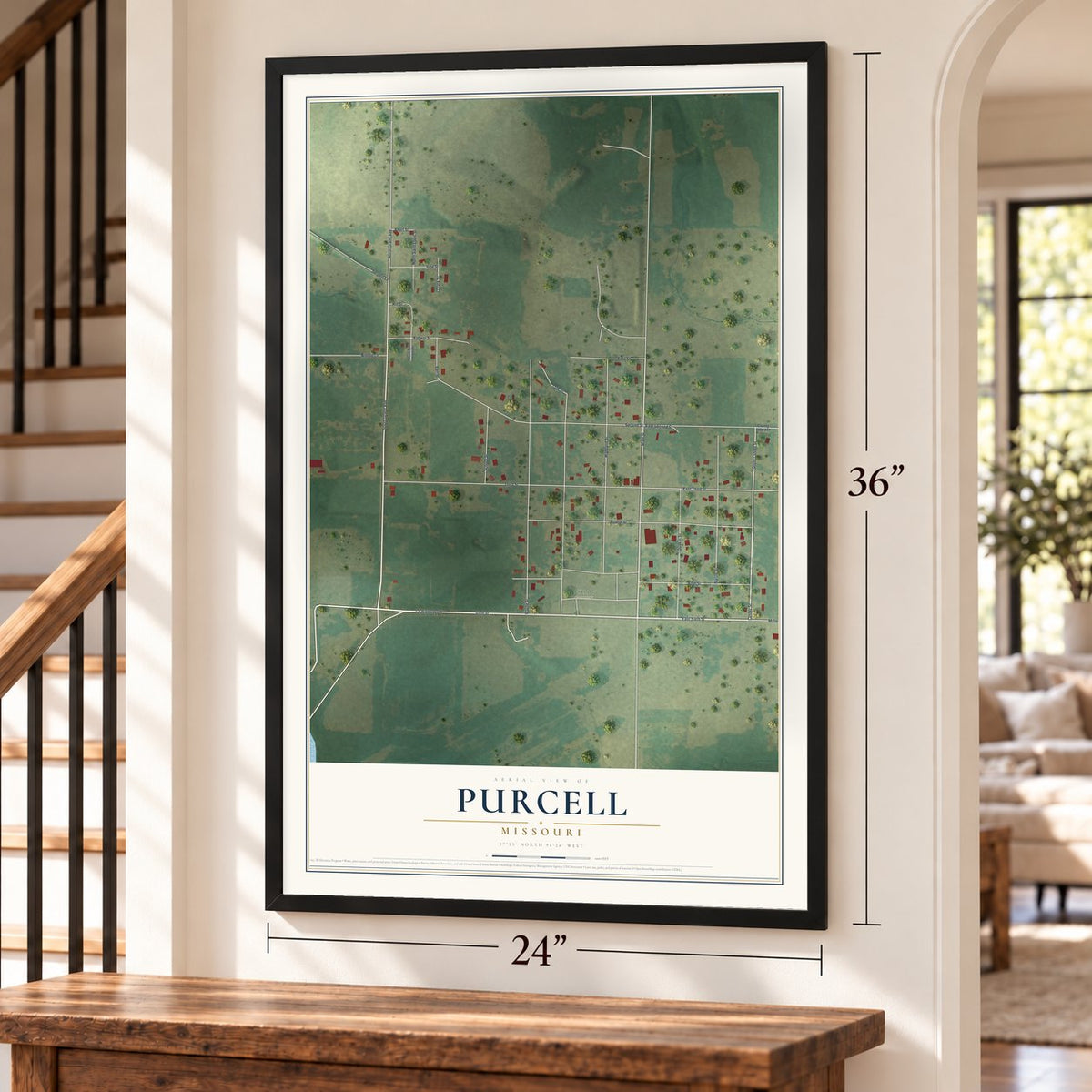 Purcell, Missouri map, 24 x 36 inch print in a black frame by a staircase