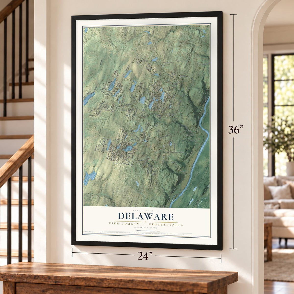 Delaware, Pike County, Pennsylvania map, 24 x 36 inch print in a black frame by a staircase