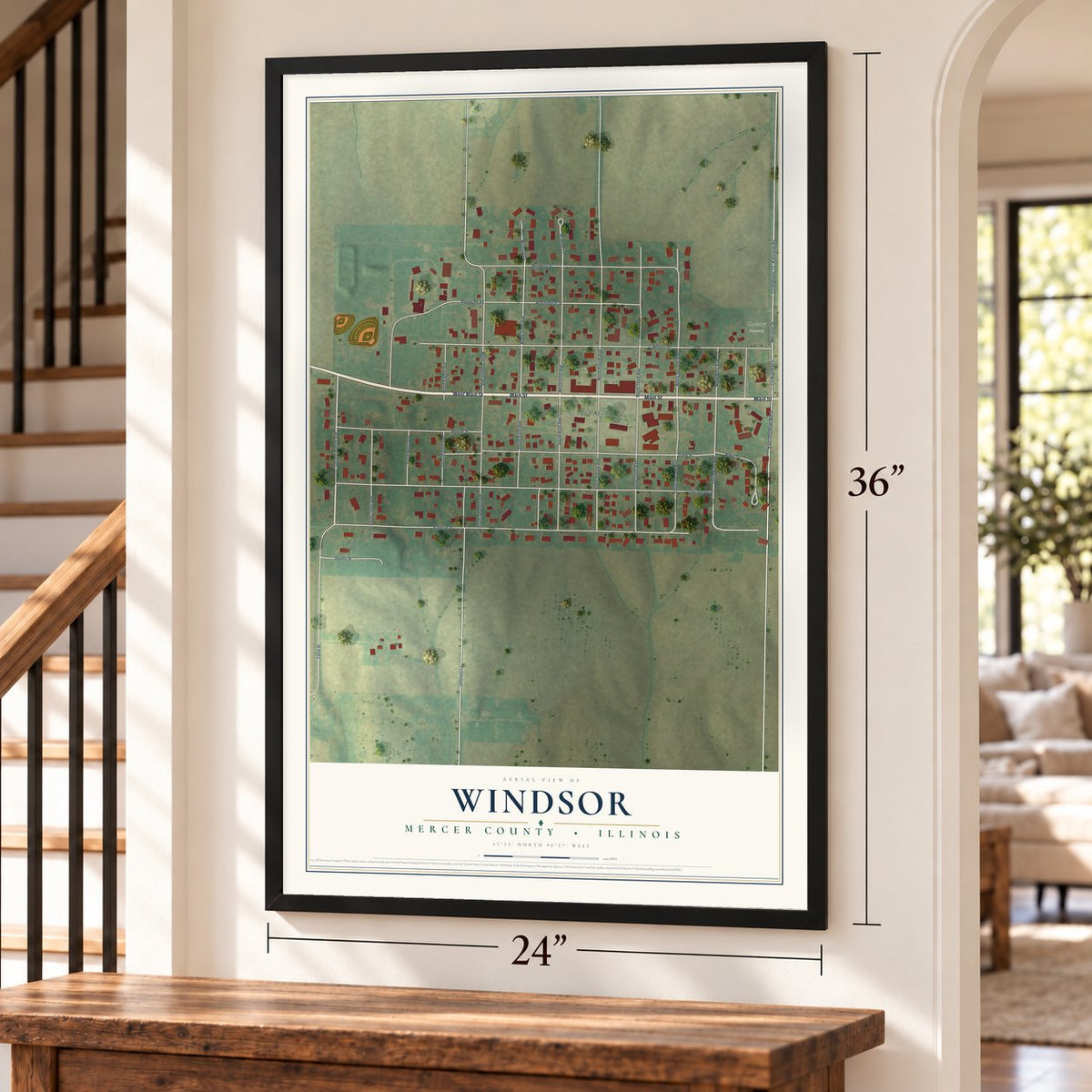 Windsor, Mercer County, Illinois map, 24 x 36 inch print in a black frame by a staircase