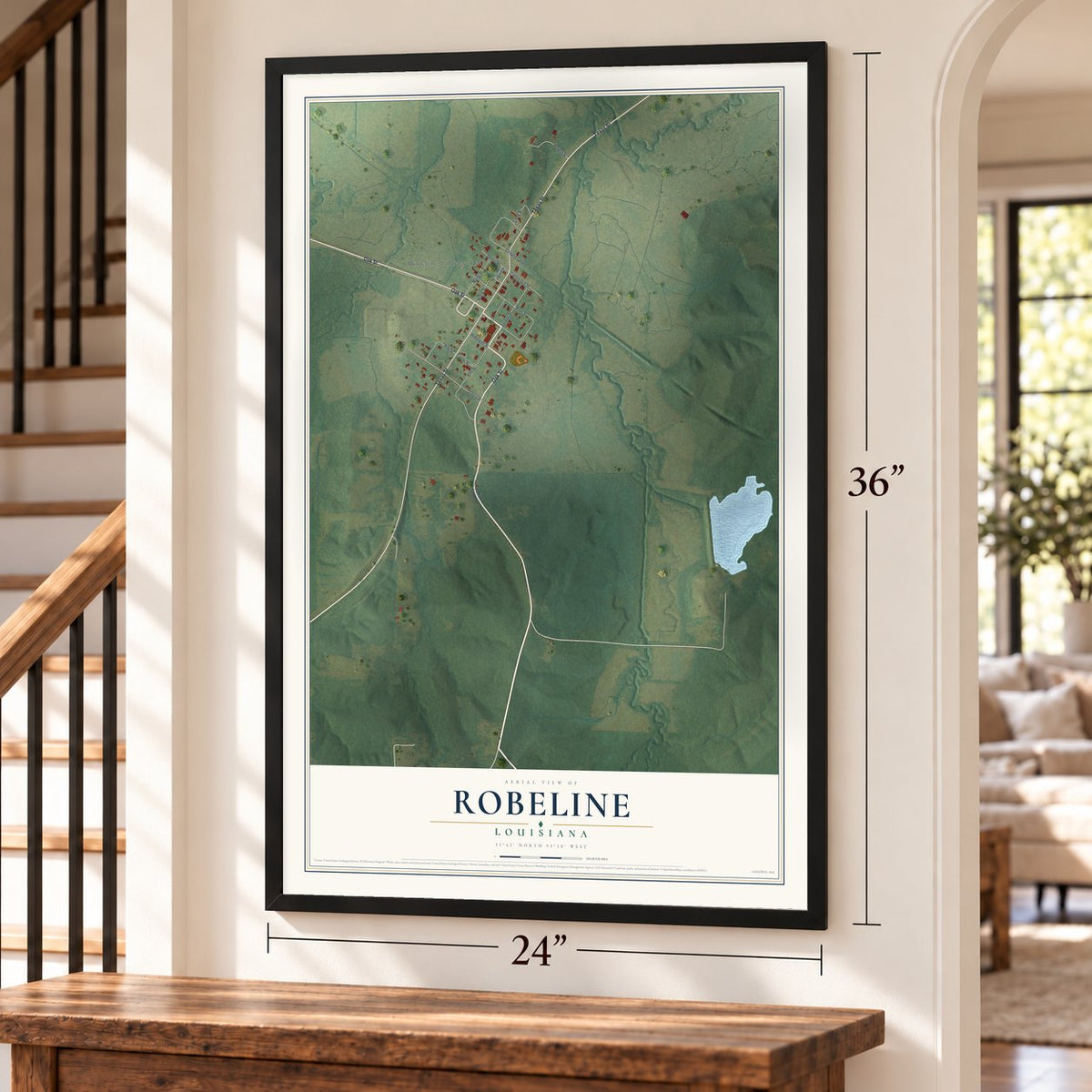 Robeline, Louisiana map, 24 x 36 inch print in a black frame by a staircase