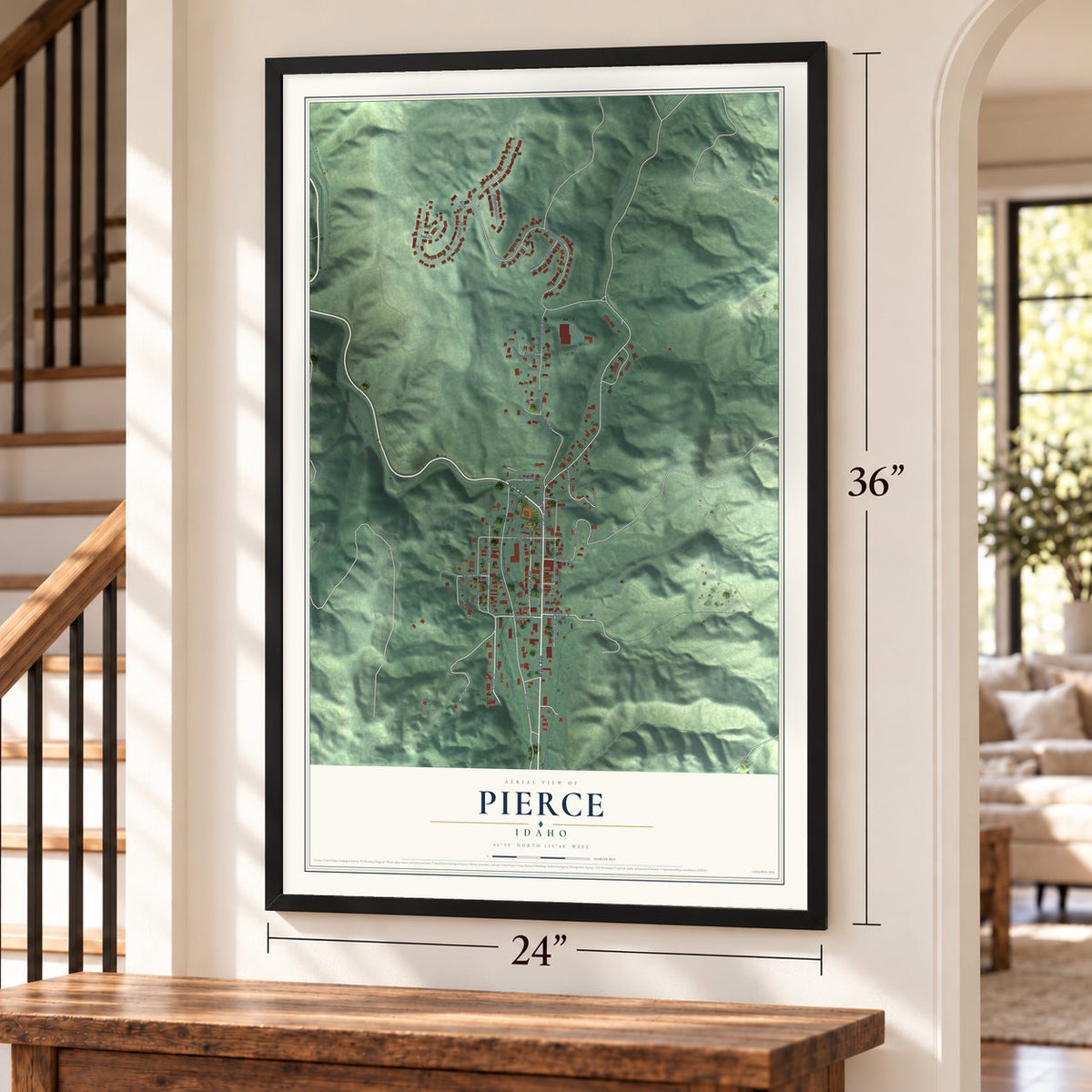 Pierce, Idaho map, 24 x 36 inch print in a black frame by a staircase