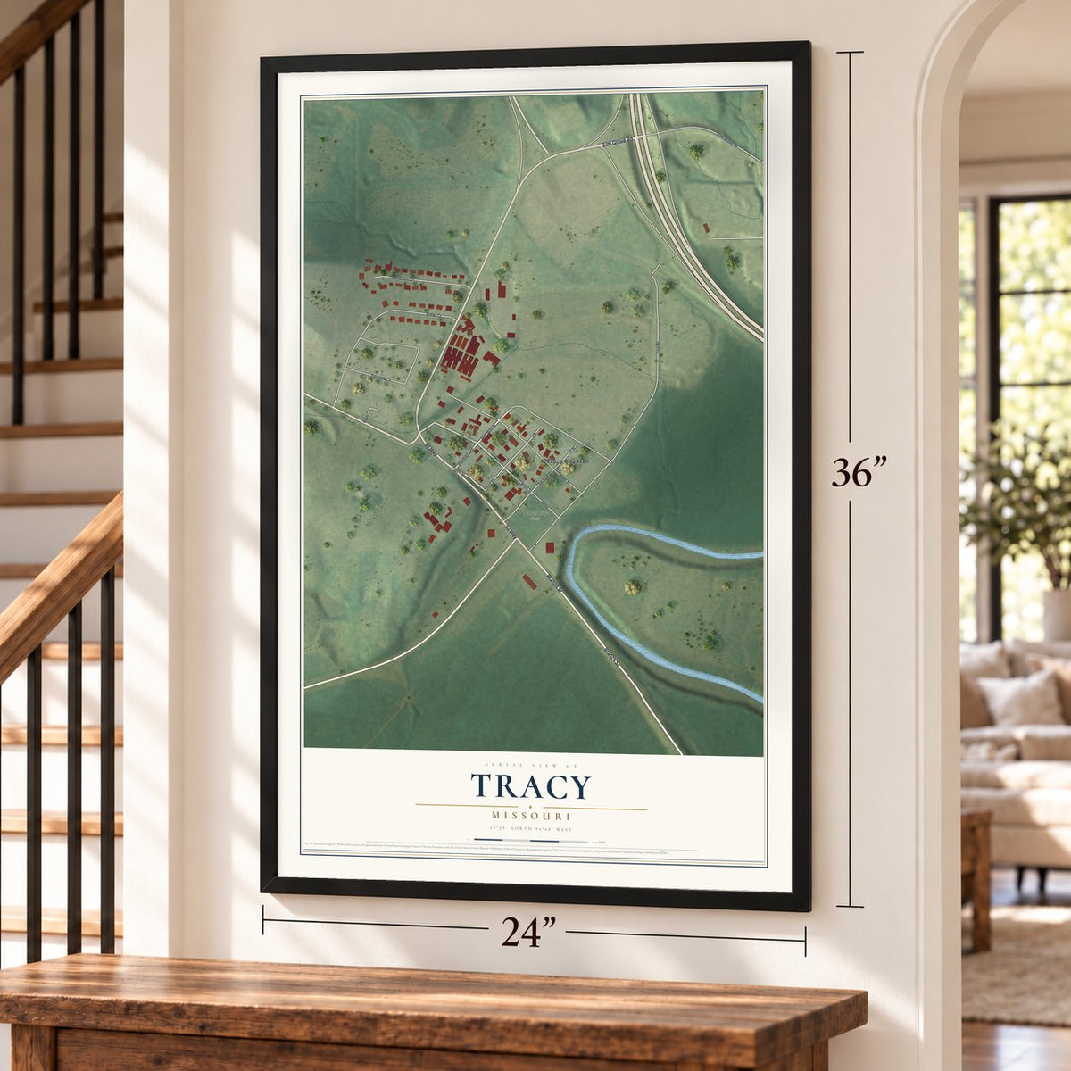 Tracy, Missouri map, 24 x 36 inch print in a black frame by a staircase