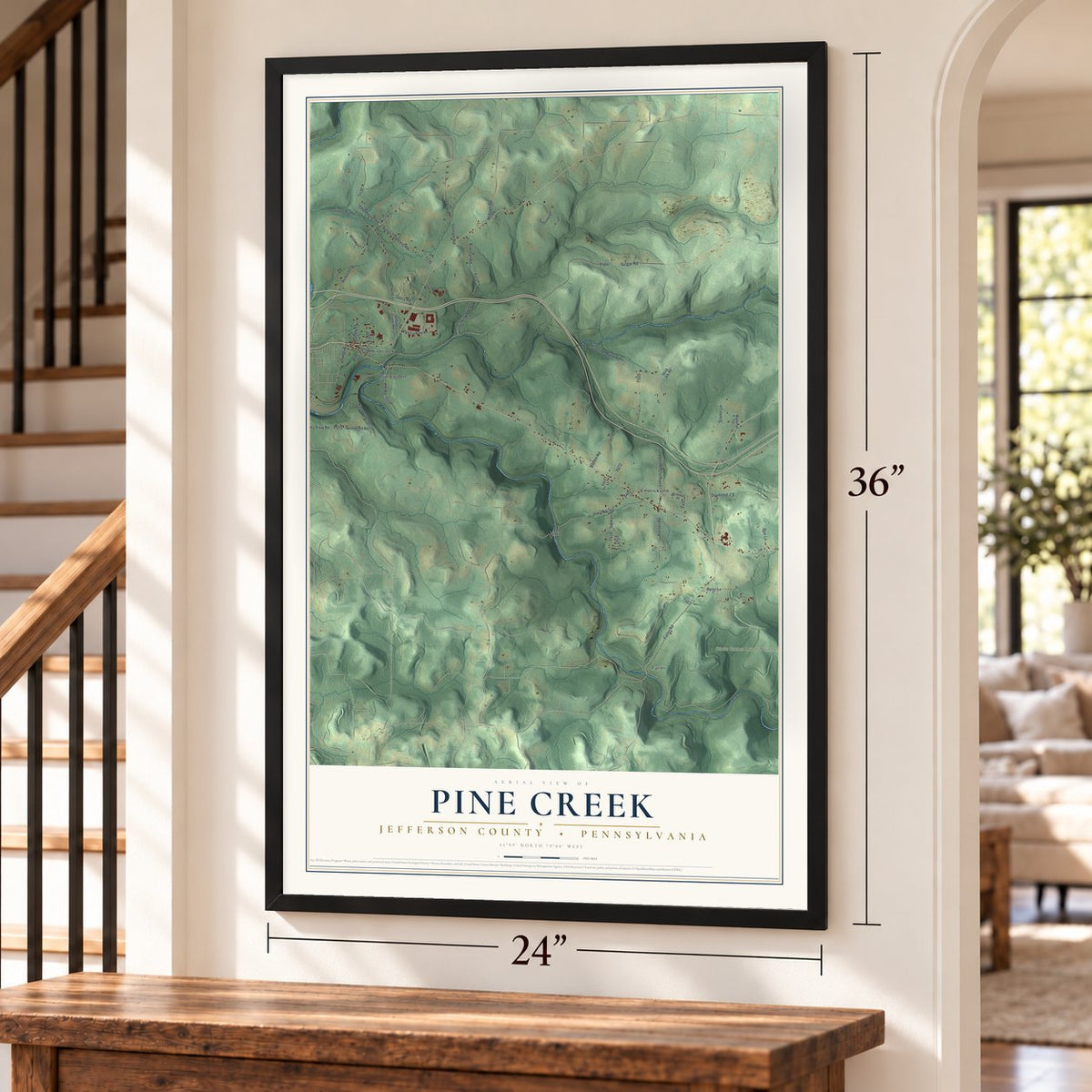 Pine Creek, Jefferson County, Pennsylvania map, 24 x 36 inch print in a black frame by a staircase
